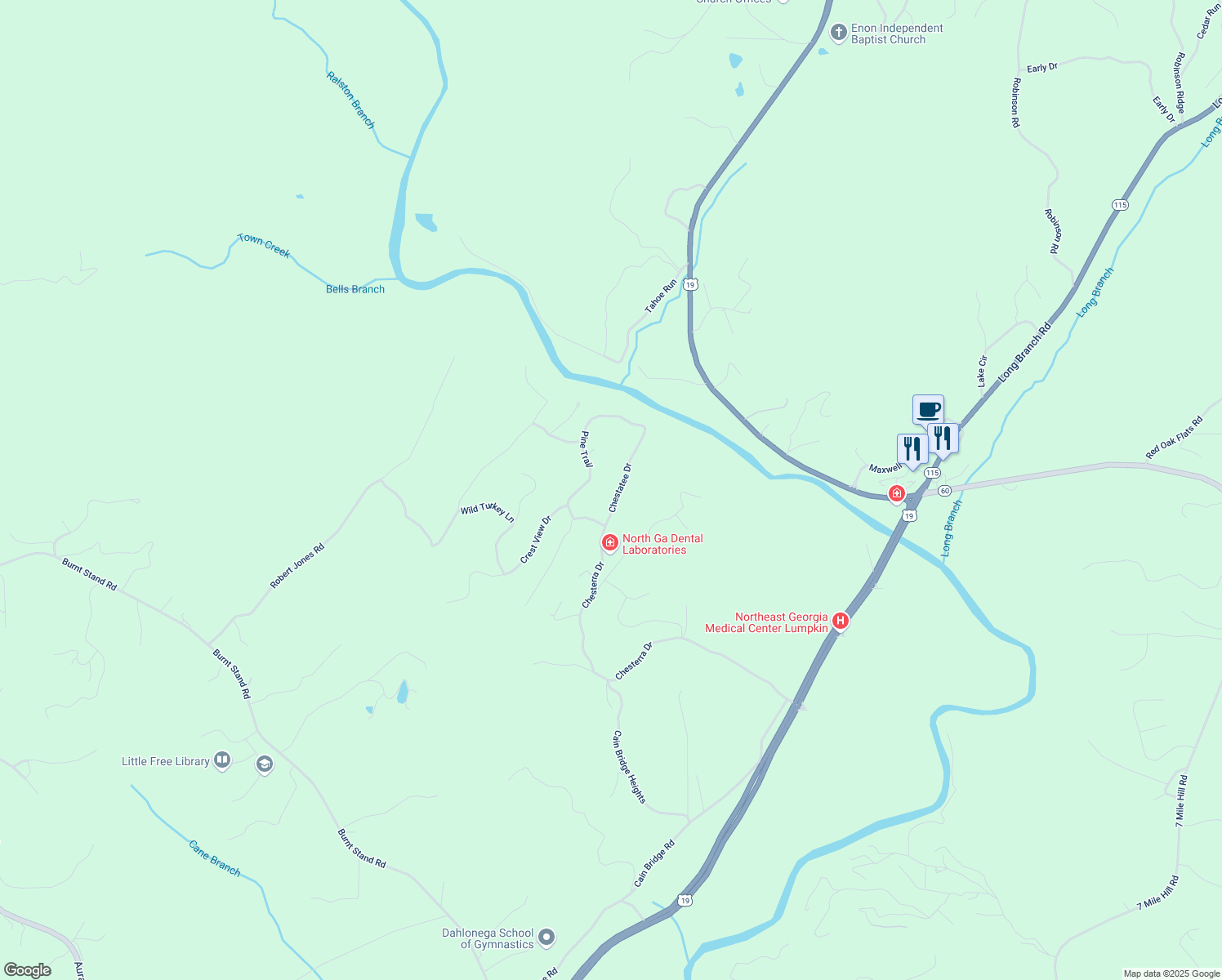 map of restaurants, bars, coffee shops, grocery stores, and more near 91 Chestatee Drive in Dahlonega