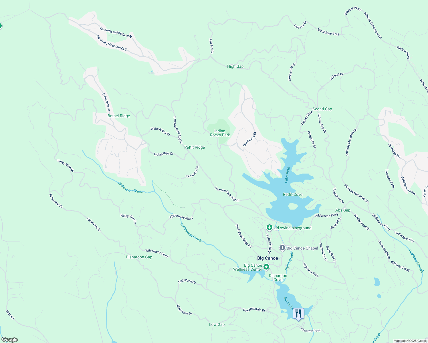 map of restaurants, bars, coffee shops, grocery stores, and more near 626 Dawson Petit Ridge Drive in Big Canoe