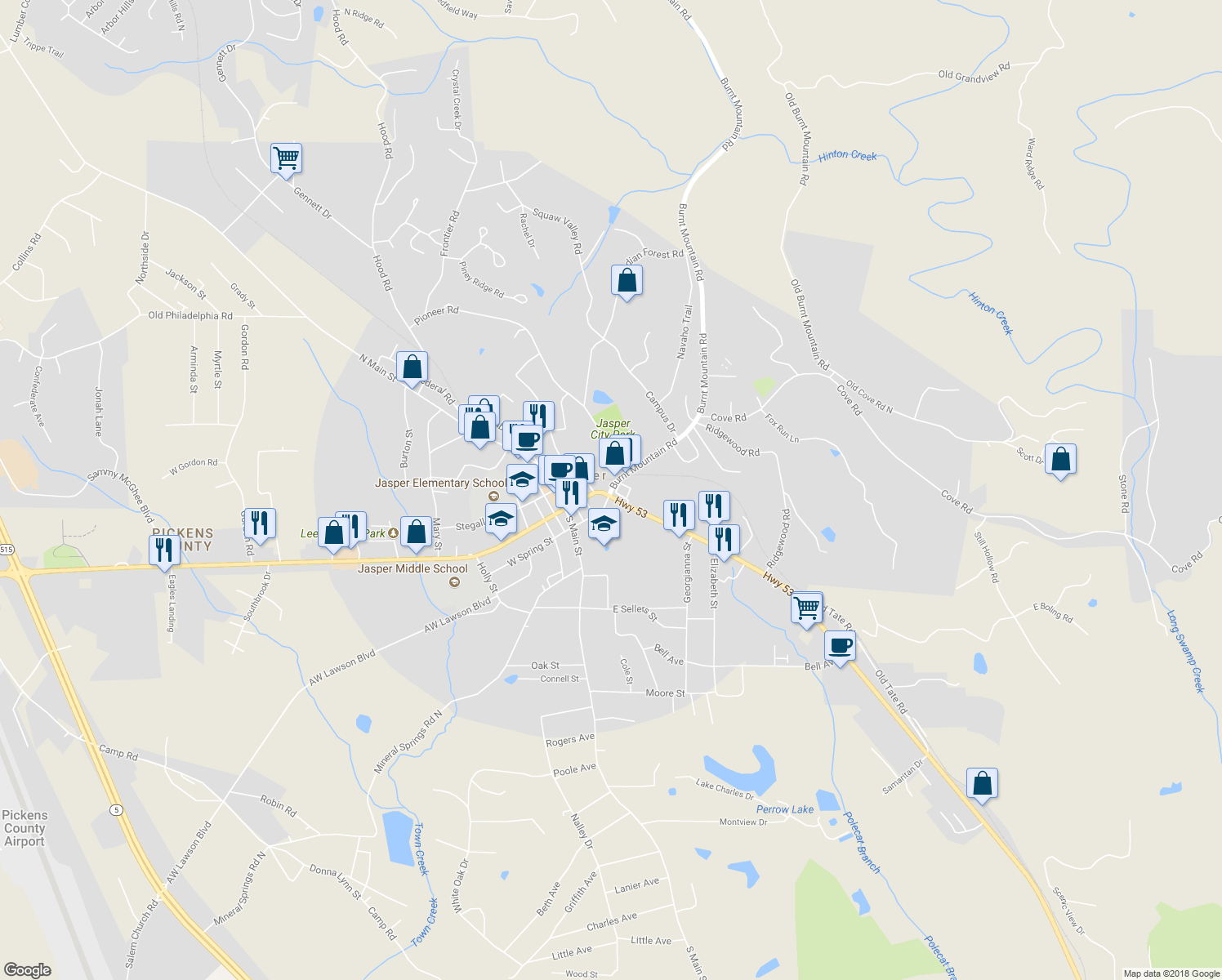 map of restaurants, bars, coffee shops, grocery stores, and more near 0 Burnt Mountain Road in Jasper