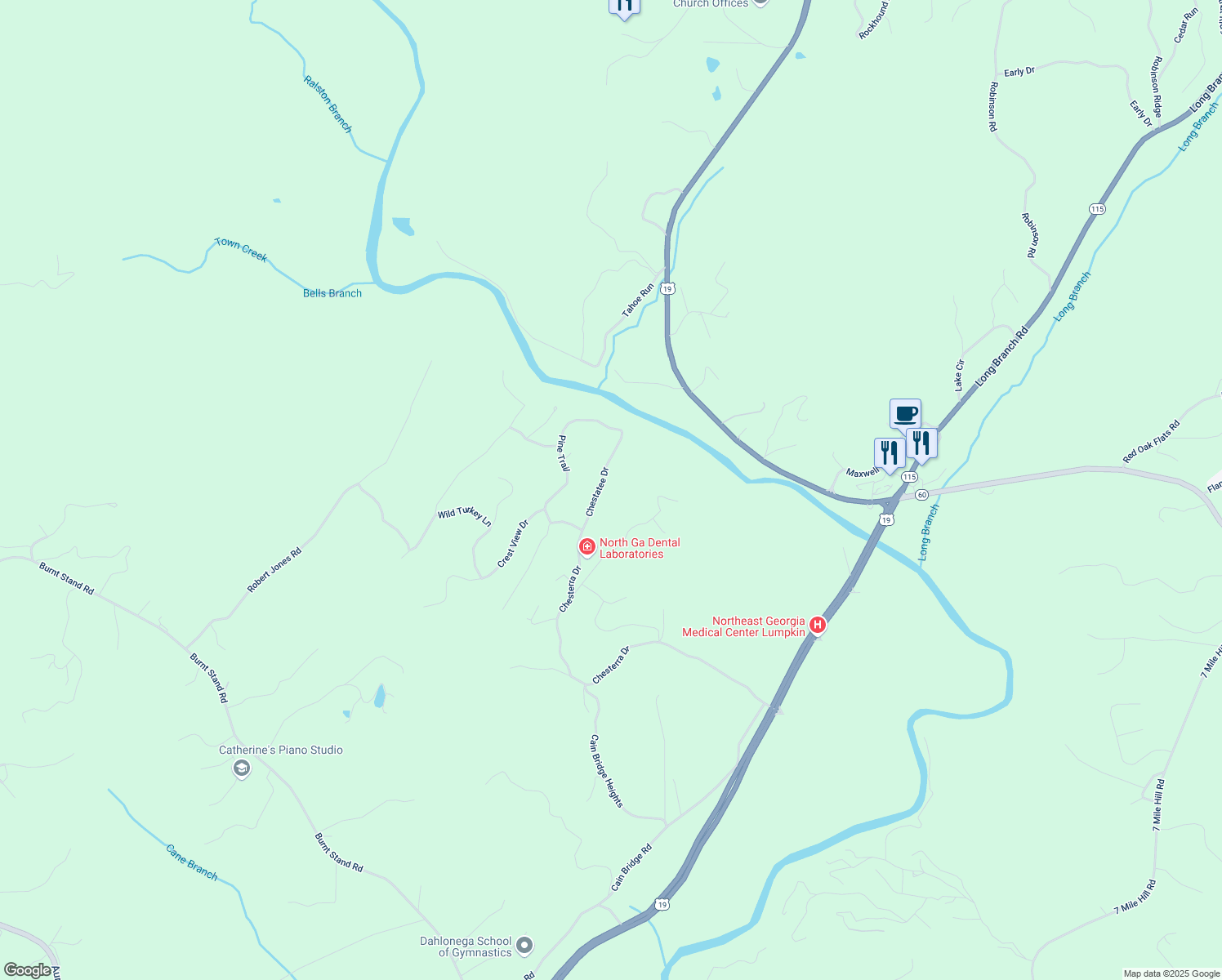 map of restaurants, bars, coffee shops, grocery stores, and more near 148 Chestatee Drive in Dahlonega