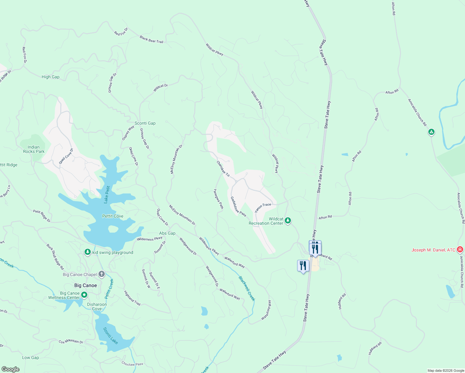 map of restaurants, bars, coffee shops, grocery stores, and more near 2228 Cherokee Trail in Dawsonville