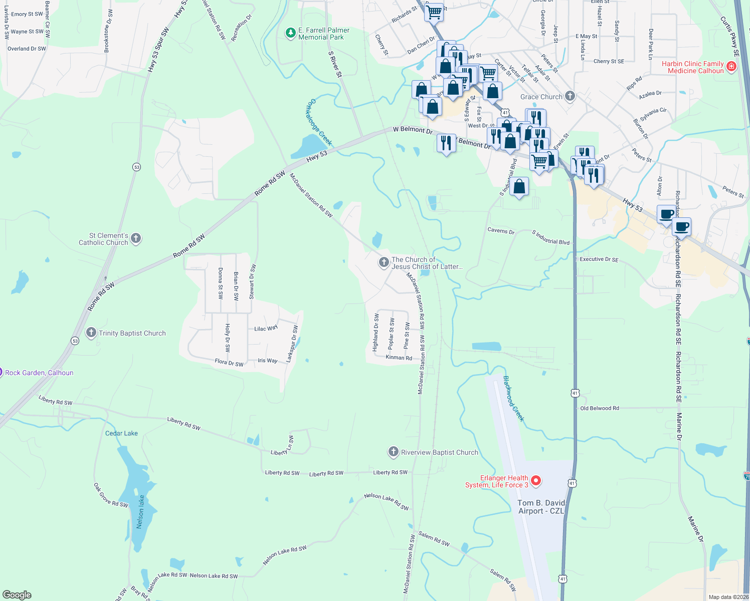 map of restaurants, bars, coffee shops, grocery stores, and more near 198 Thelma Road Southwest in Calhoun