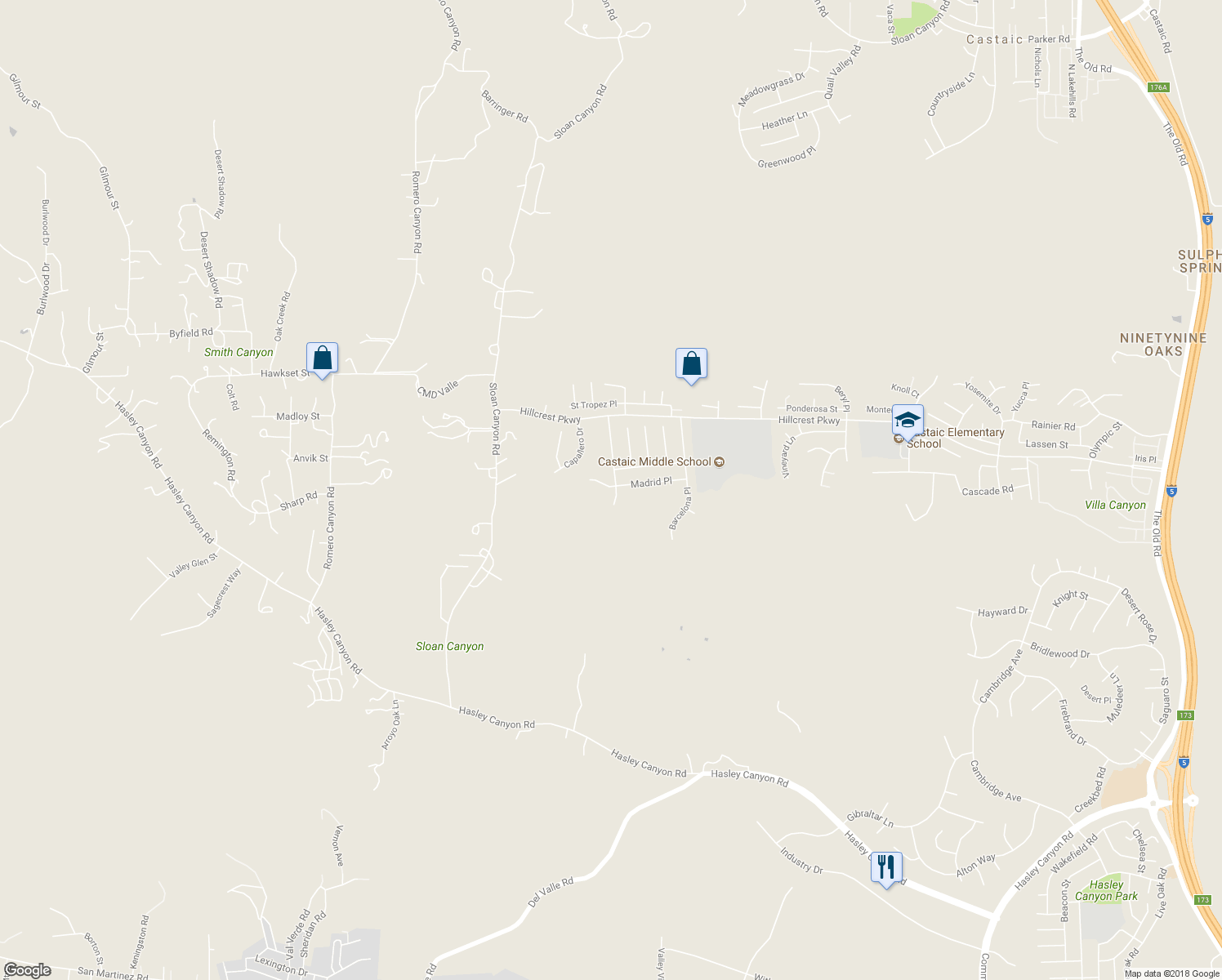 map of restaurants, bars, coffee shops, grocery stores, and more near 30331 Mallorca Place in Castaic