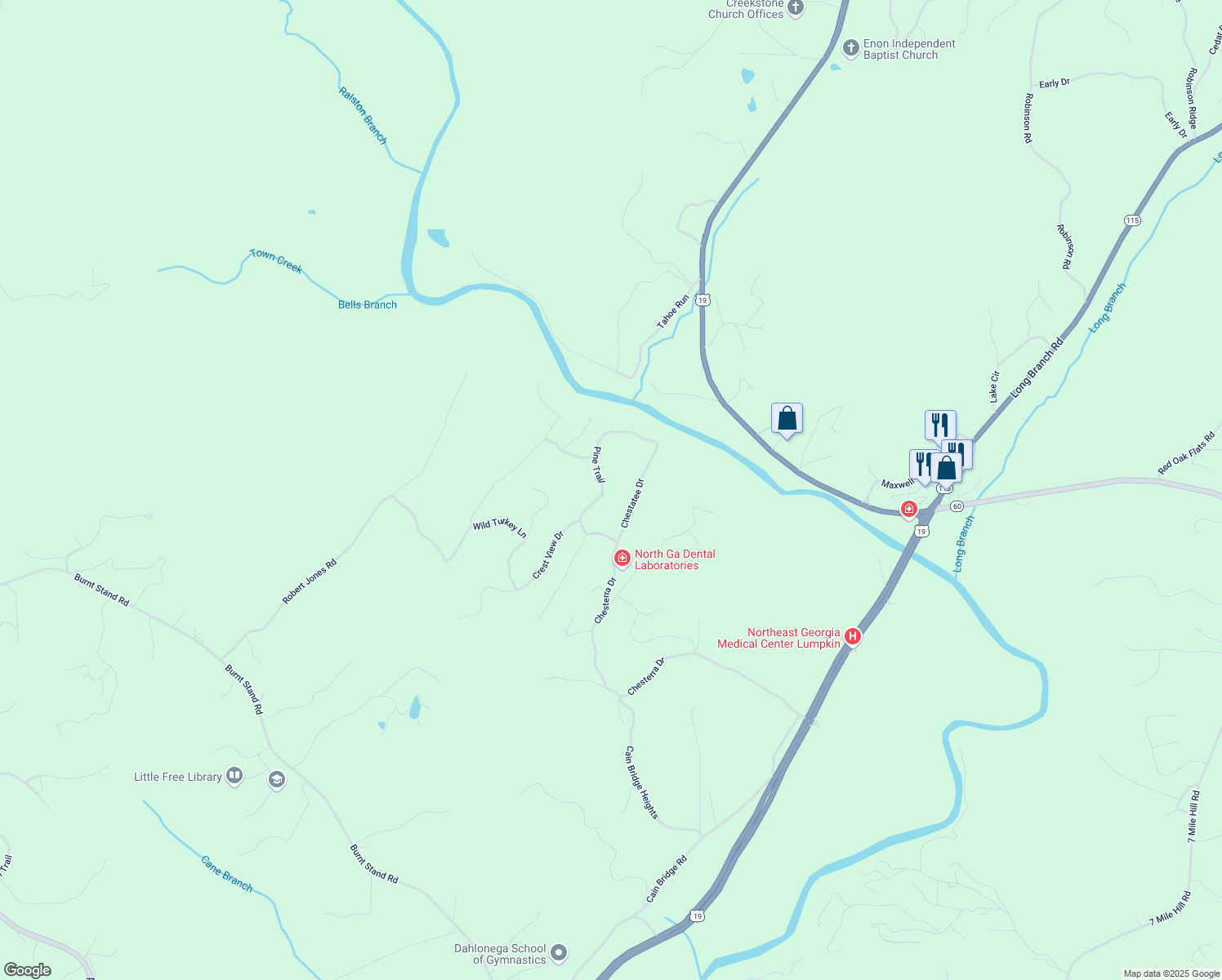 map of restaurants, bars, coffee shops, grocery stores, and more near 266 Pine Trail in Dahlonega