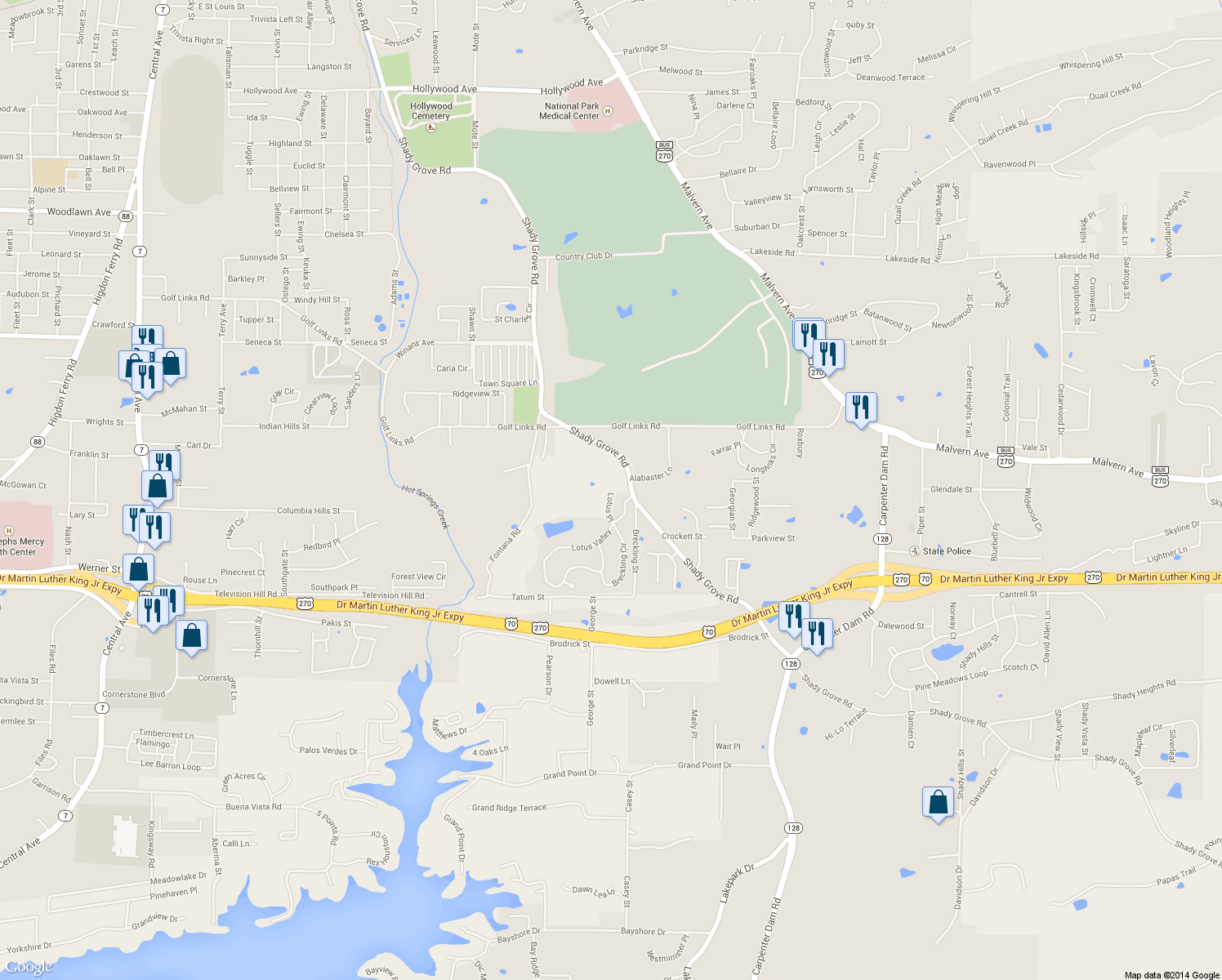 map of restaurants, bars, coffee shops, grocery stores, and more near 205 Lotus Place in Hot Springs