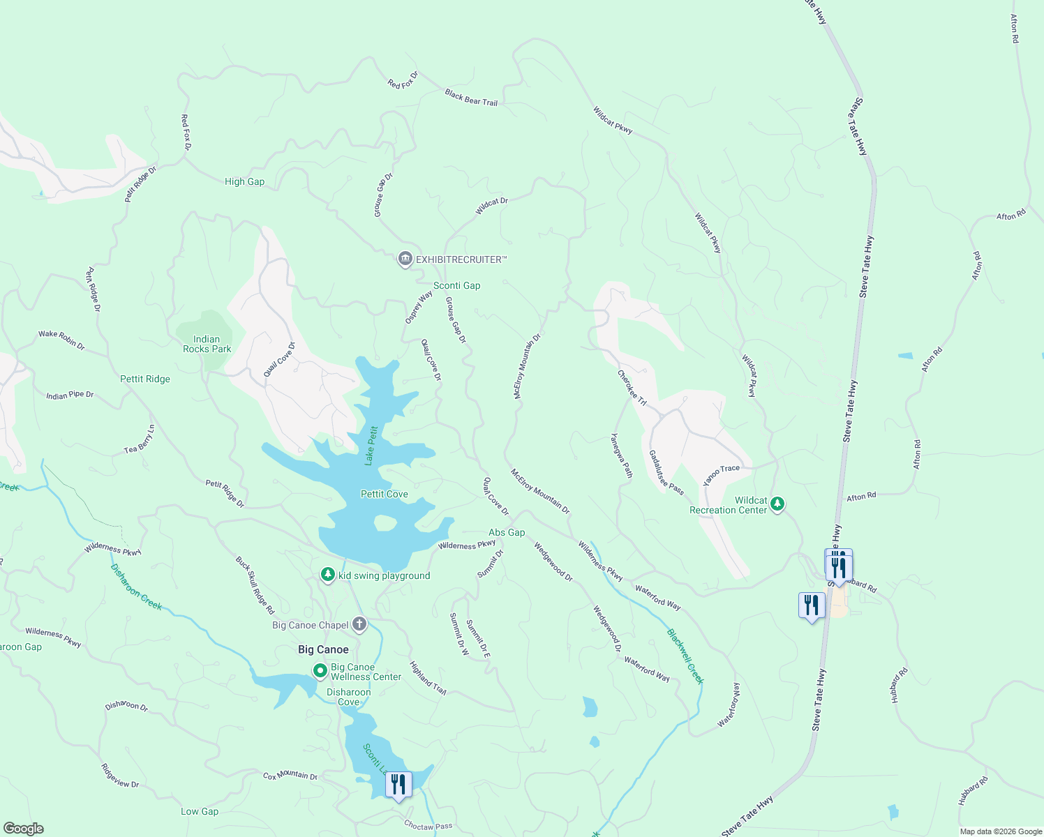 map of restaurants, bars, coffee shops, grocery stores, and more near 2104 McElroy Mountain Drive in Dawsonville