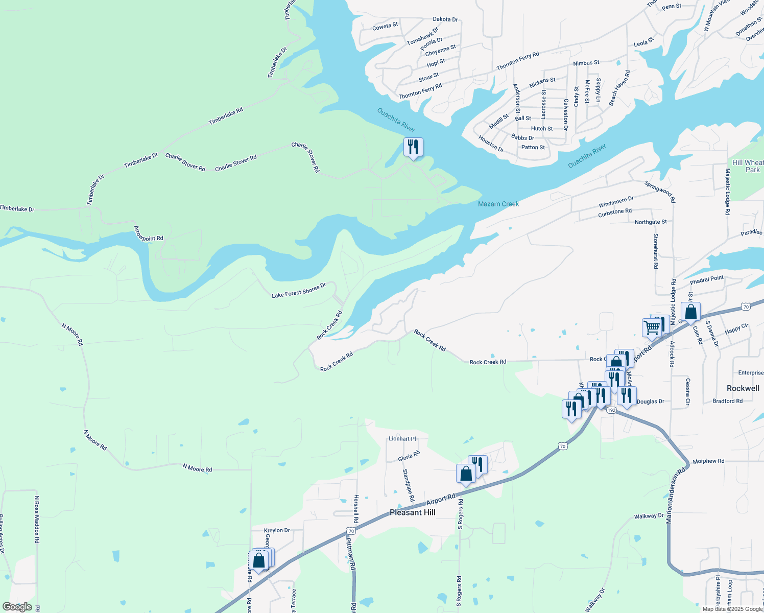 map of restaurants, bars, coffee shops, grocery stores, and more near 240 Lake Harbor Circle in Hot Springs