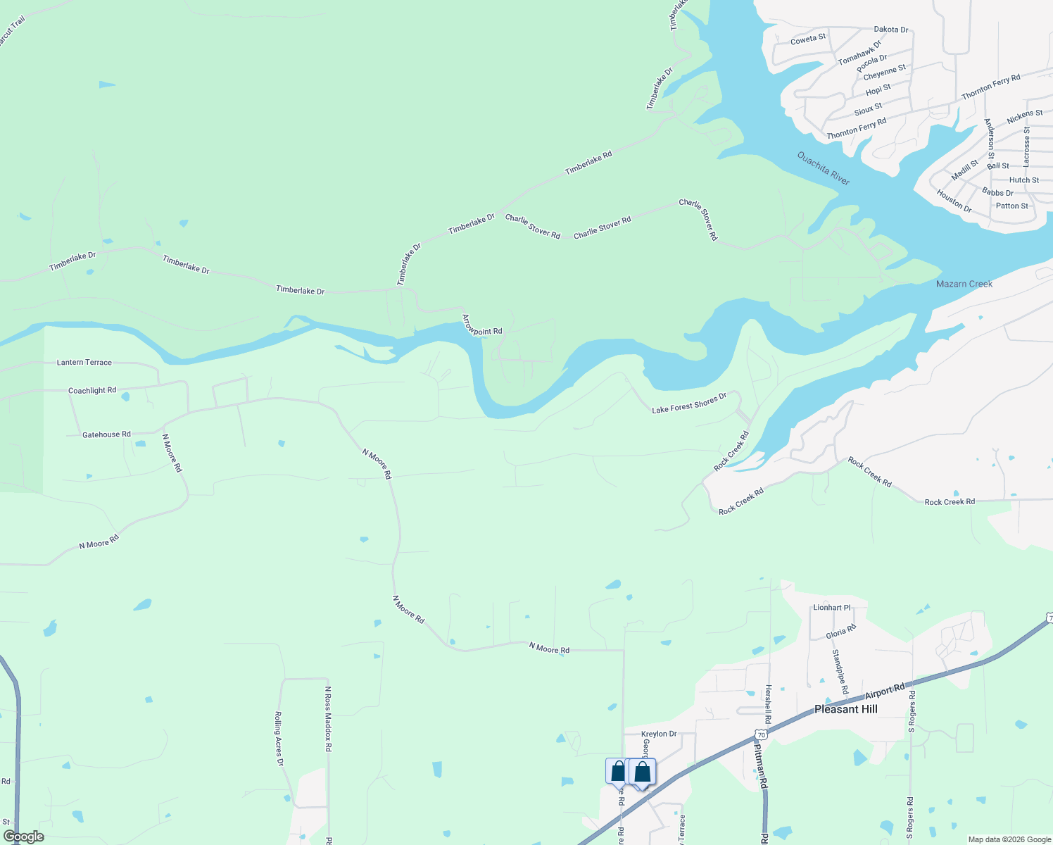 map of restaurants, bars, coffee shops, grocery stores, and more near 190 Lake Forest Shores Drive in Hot Springs