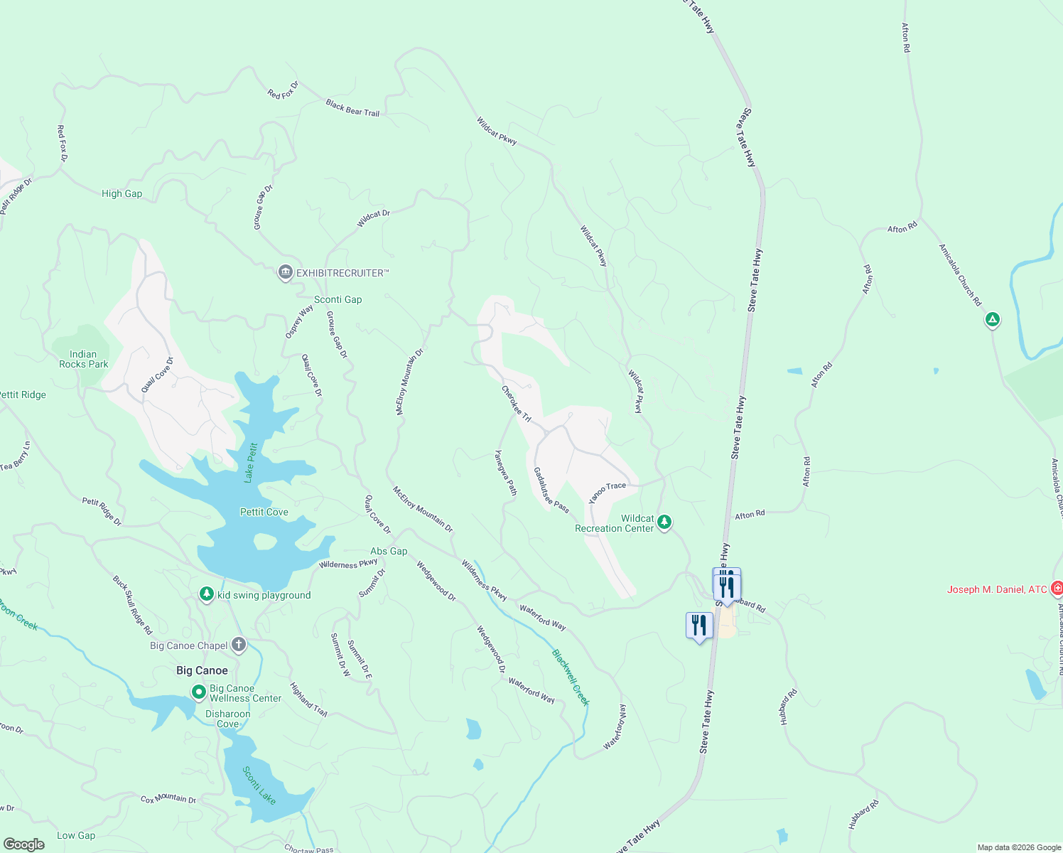 map of restaurants, bars, coffee shops, grocery stores, and more near 2228 Cherokee Trail in Dawsonville