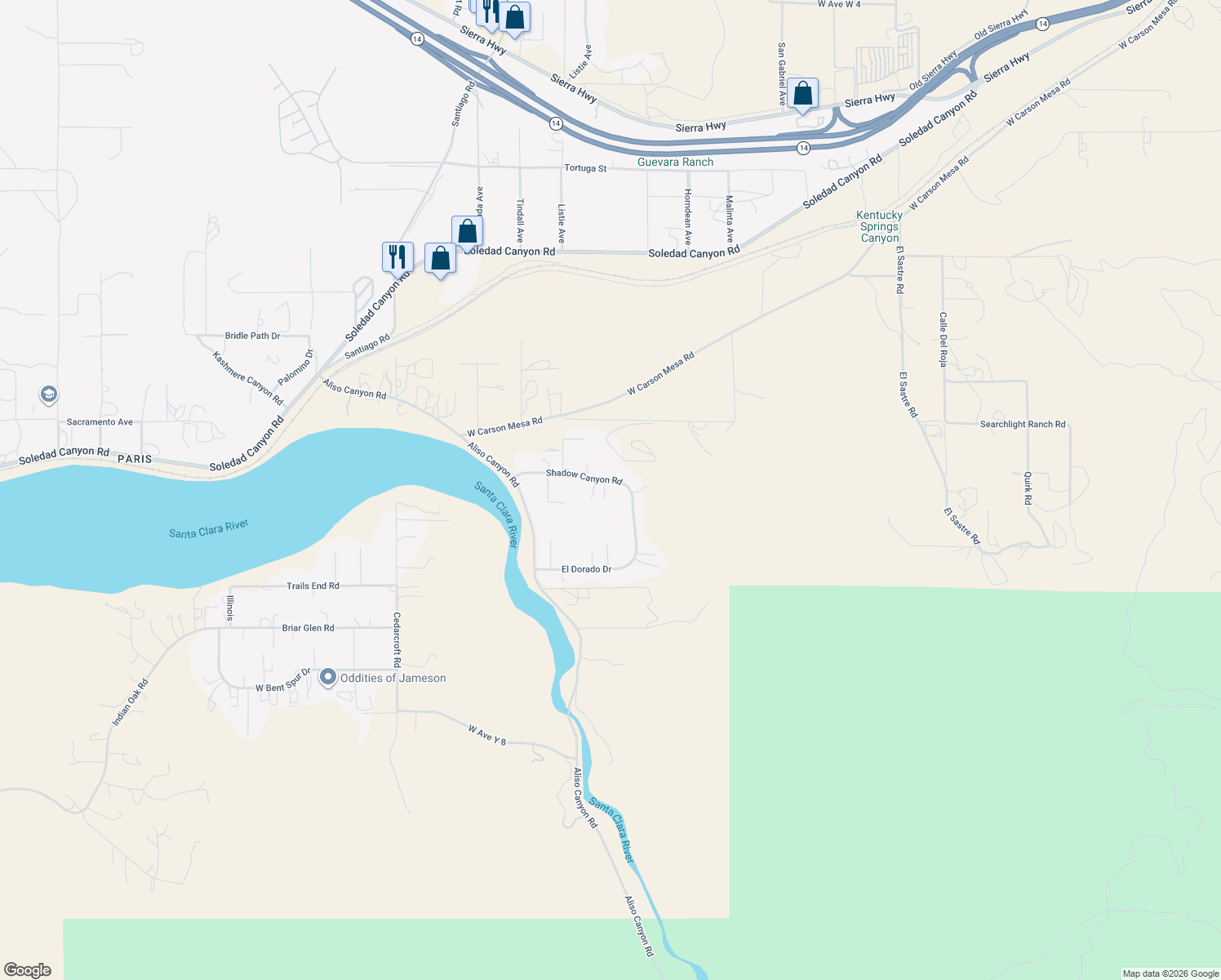 map of restaurants, bars, coffee shops, grocery stores, and more near 1834 Shadow Canyon Road in Acton