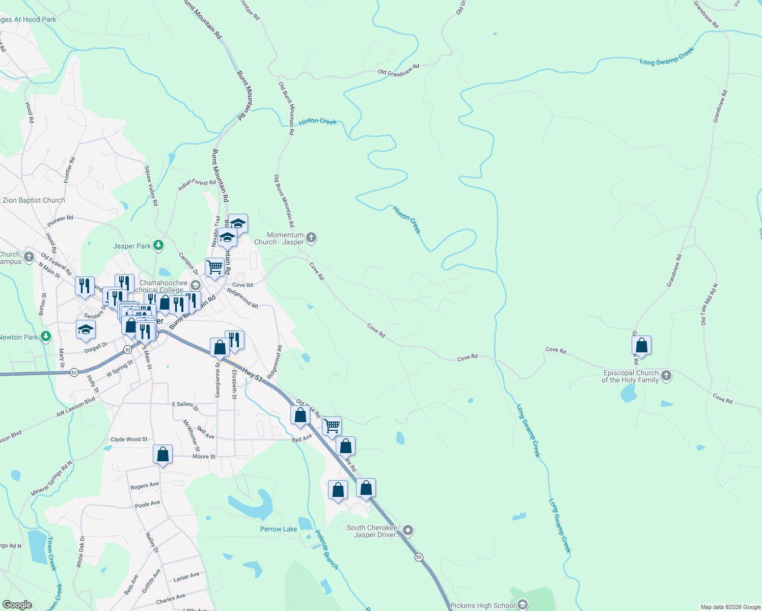 map of restaurants, bars, coffee shops, grocery stores, and more near 440 Old Cove Road North in Jasper
