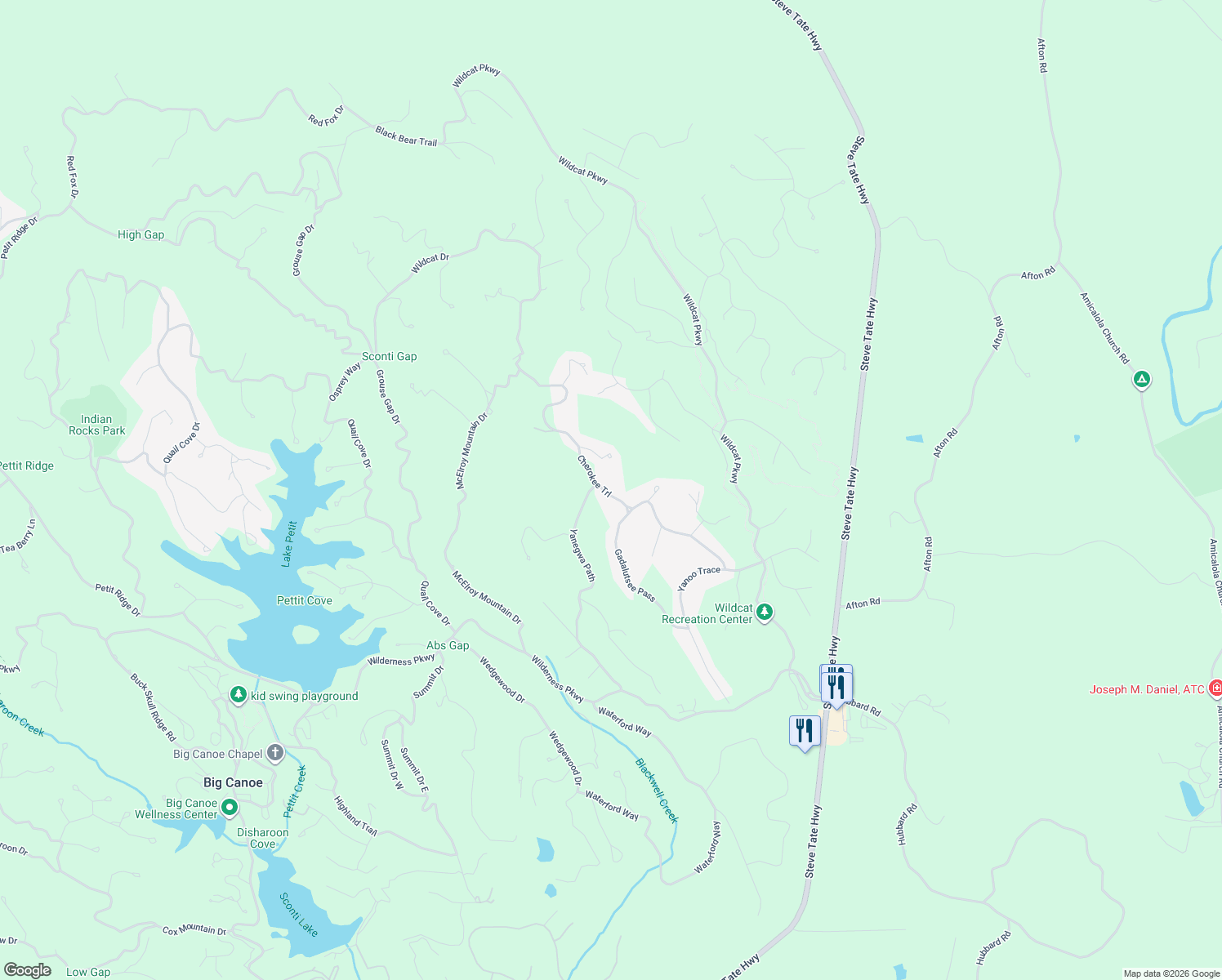 map of restaurants, bars, coffee shops, grocery stores, and more near 2252 Cherokee Trail in Dawsonville