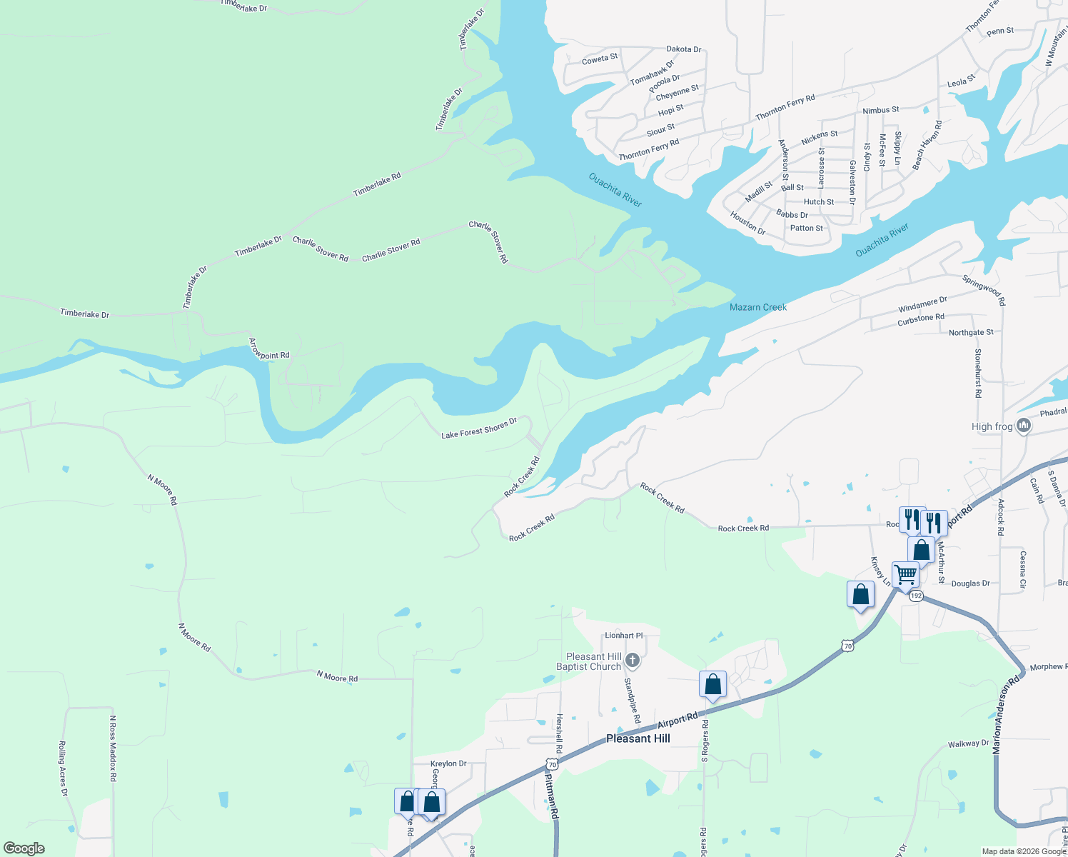 map of restaurants, bars, coffee shops, grocery stores, and more near 106 Lake Forest Shores Drive in Hot Springs