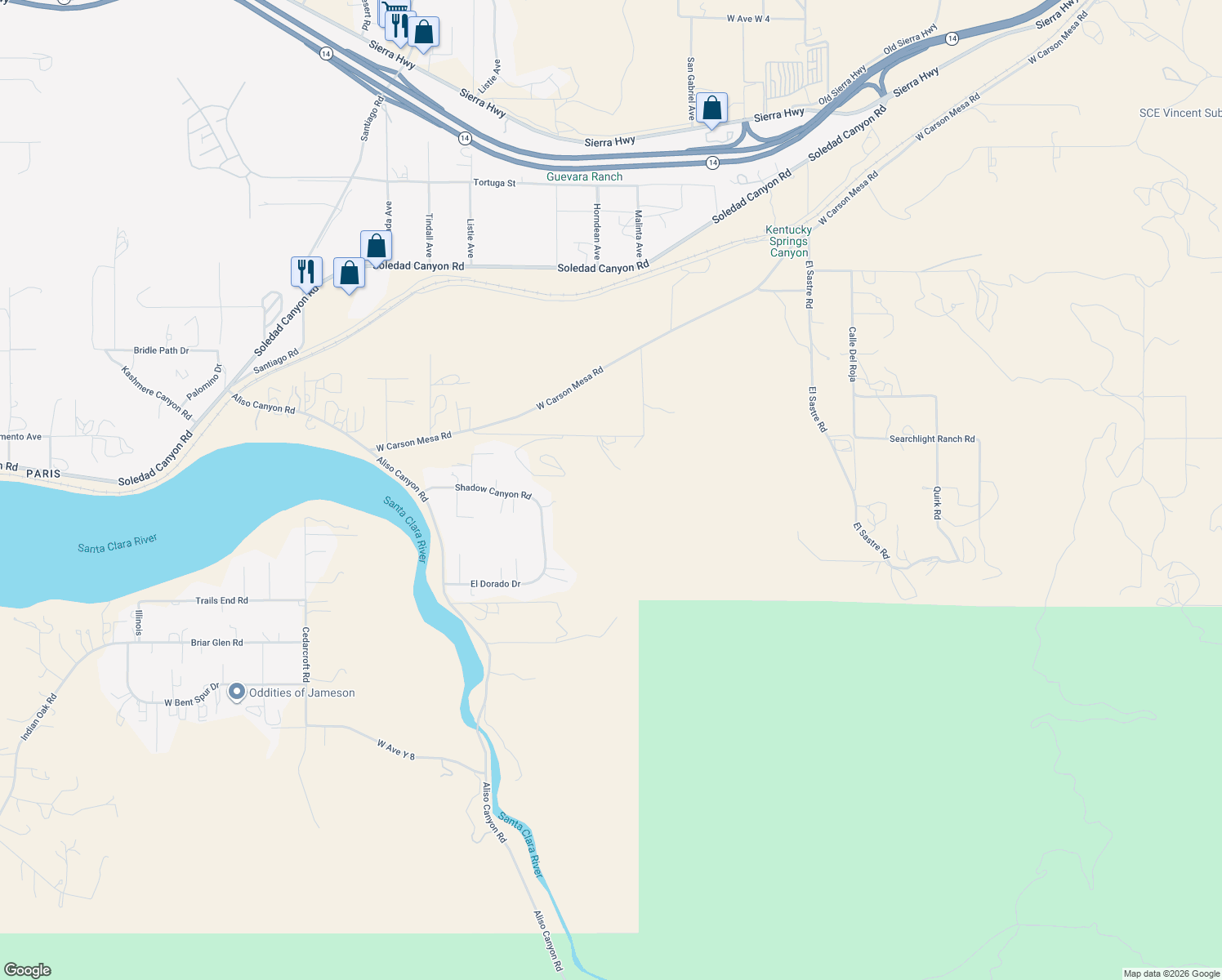 map of restaurants, bars, coffee shops, grocery stores, and more near 1702 Searchlight Ranch Road in Acton