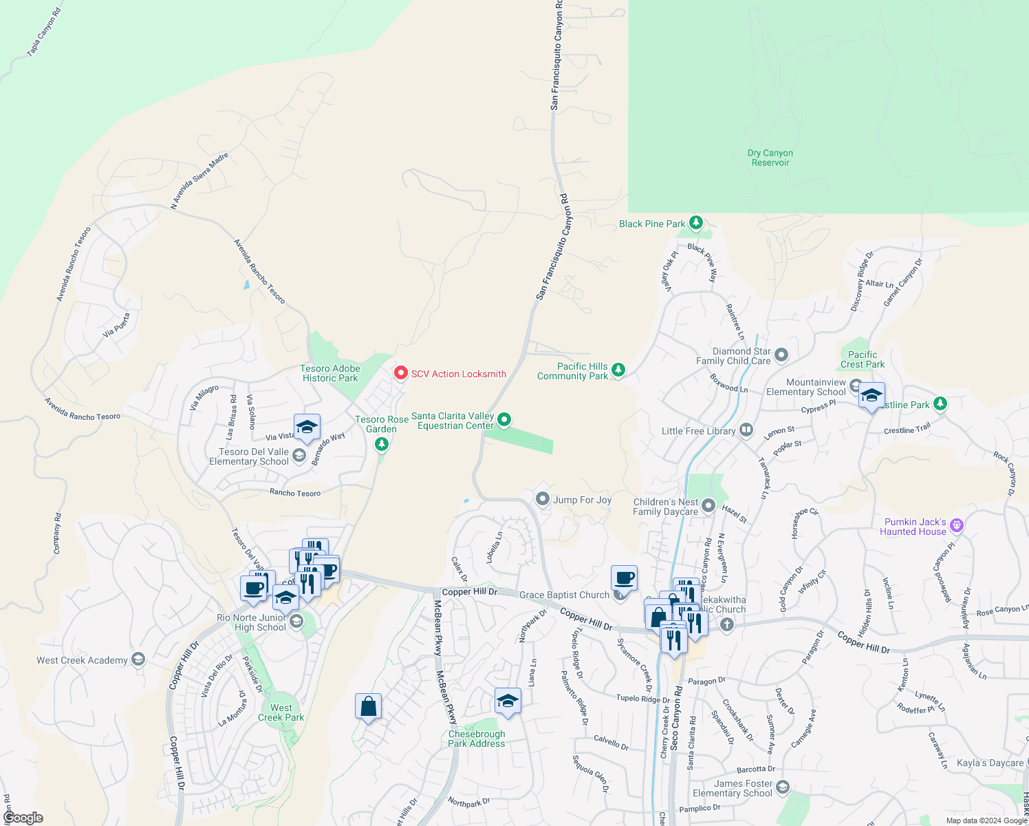 map of restaurants, bars, coffee shops, grocery stores, and more near 28774 San Francisquito Canyon Road in Santa Clarita