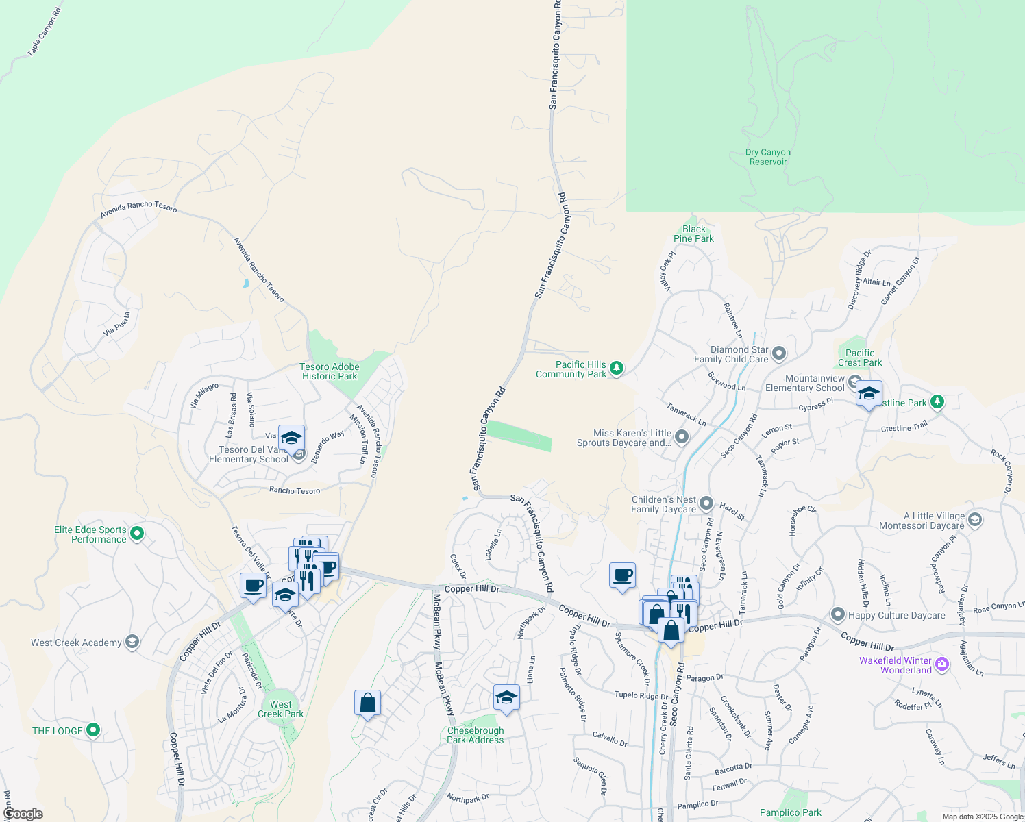 map of restaurants, bars, coffee shops, grocery stores, and more near 28774 San Francisquito Canyon Road in Santa Clarita