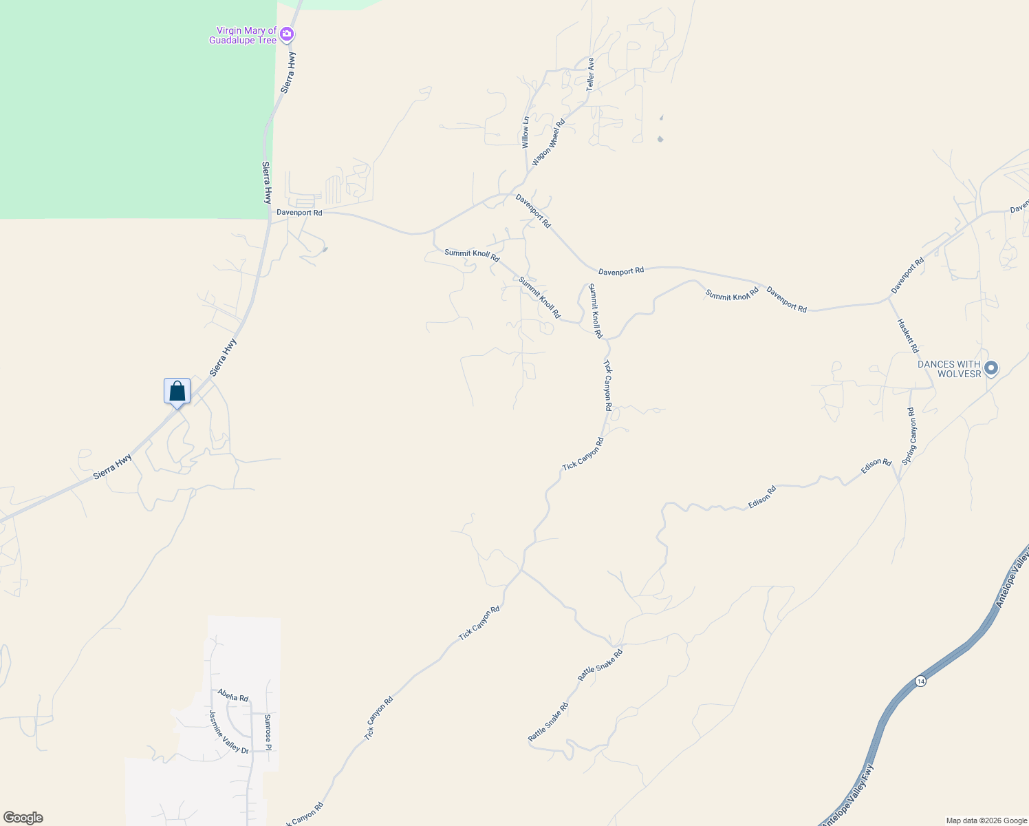 map of restaurants, bars, coffee shops, grocery stores, and more near 13560 Sego Road in Agua Dulce