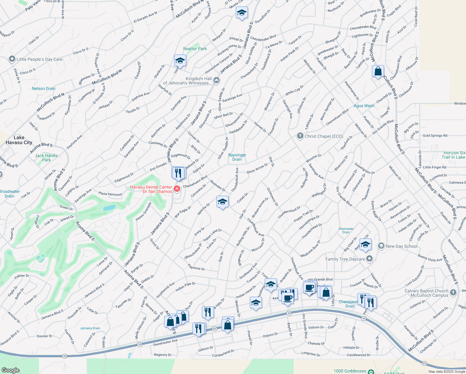 map of restaurants, bars, coffee shops, grocery stores, and more near 675 Thunderbolt Ave in Lake Havasu City