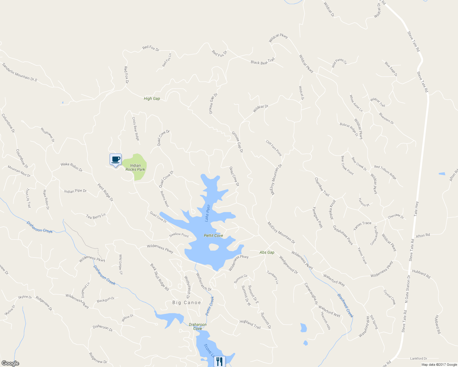 map of restaurants, bars, coffee shops, grocery stores, and more near Mallard Cove Circle in Dawson County