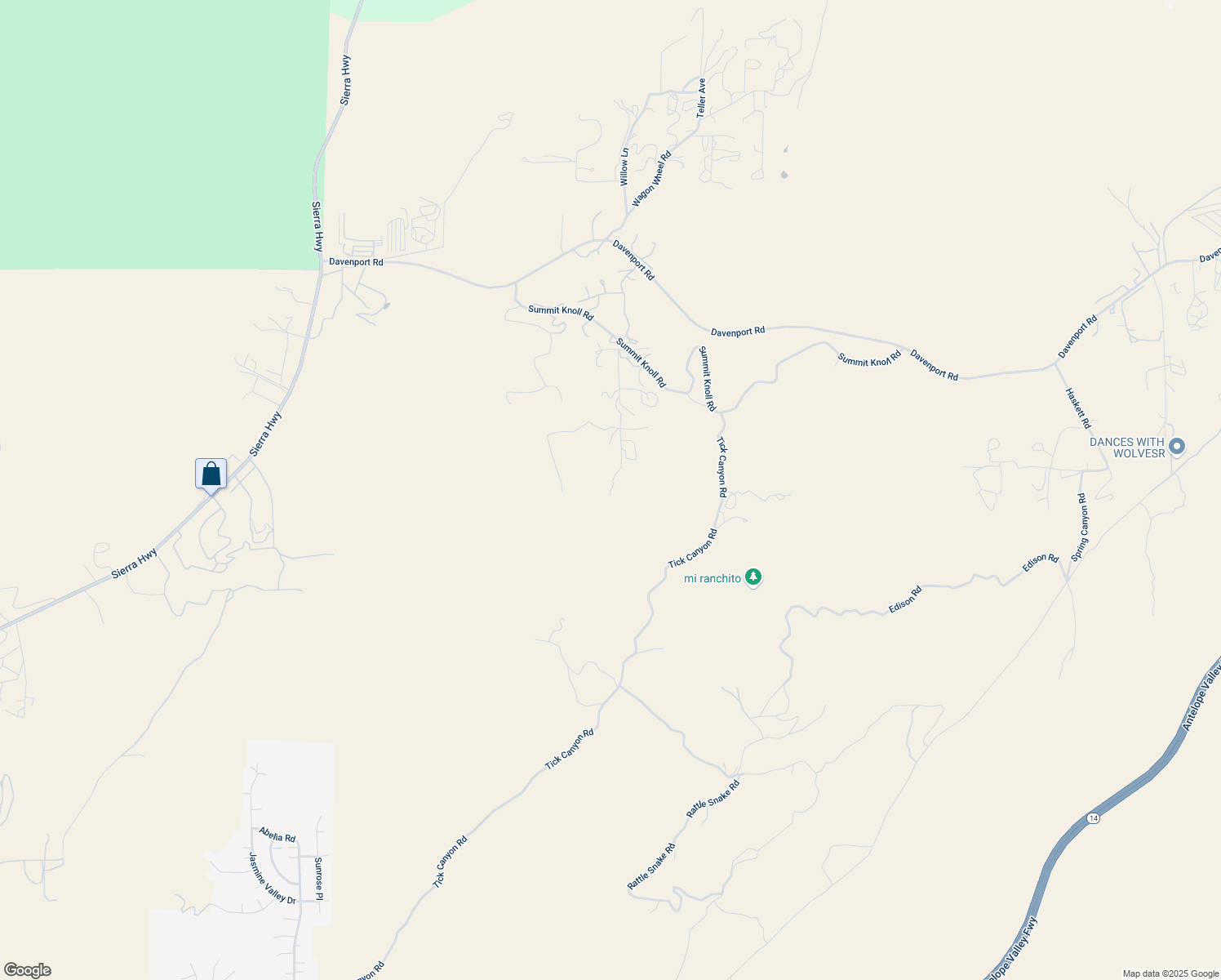 map of restaurants, bars, coffee shops, grocery stores, and more near 13560 Sego Road in Agua Dulce