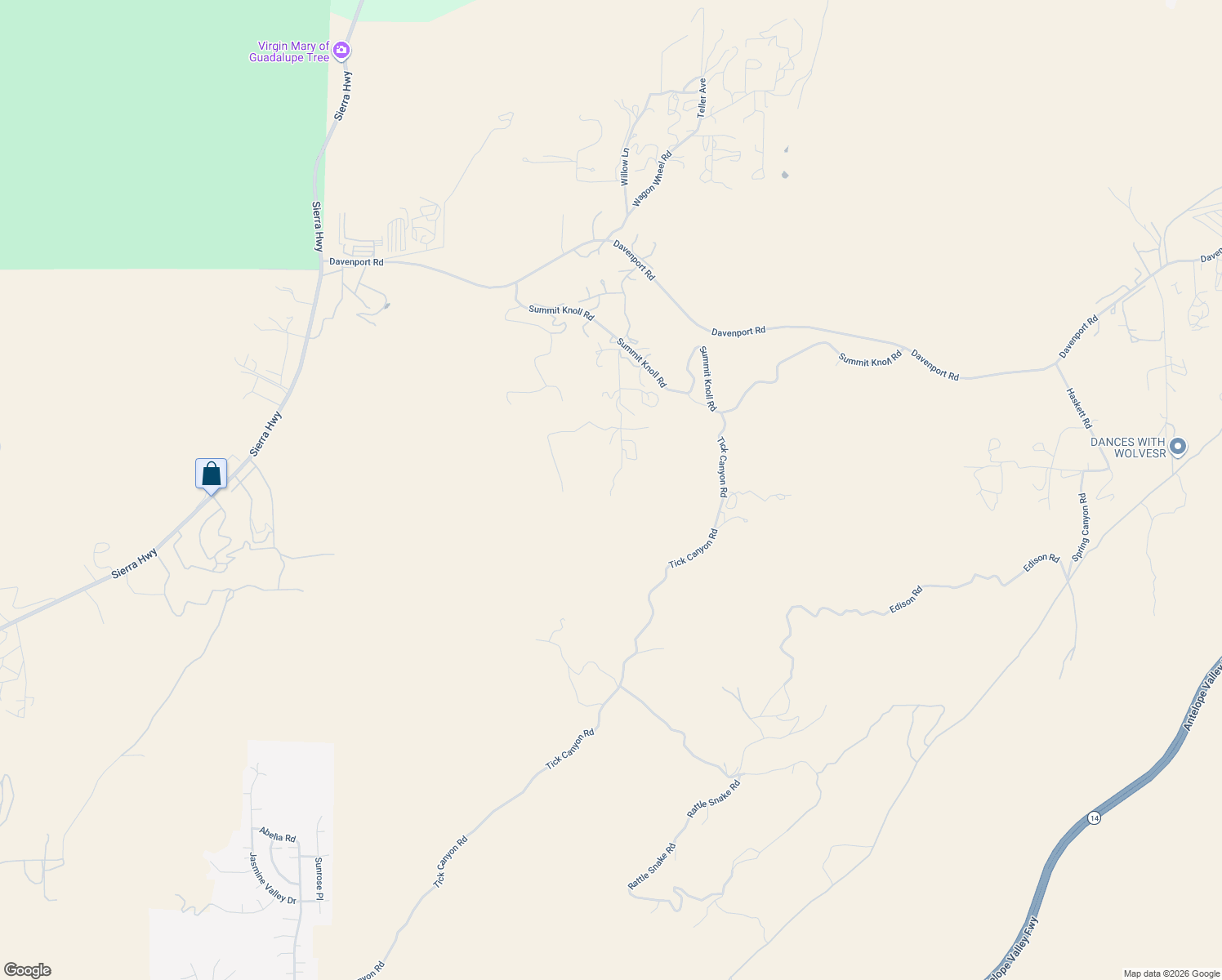 map of restaurants, bars, coffee shops, grocery stores, and more near 13560 Sego Road in Agua Dulce