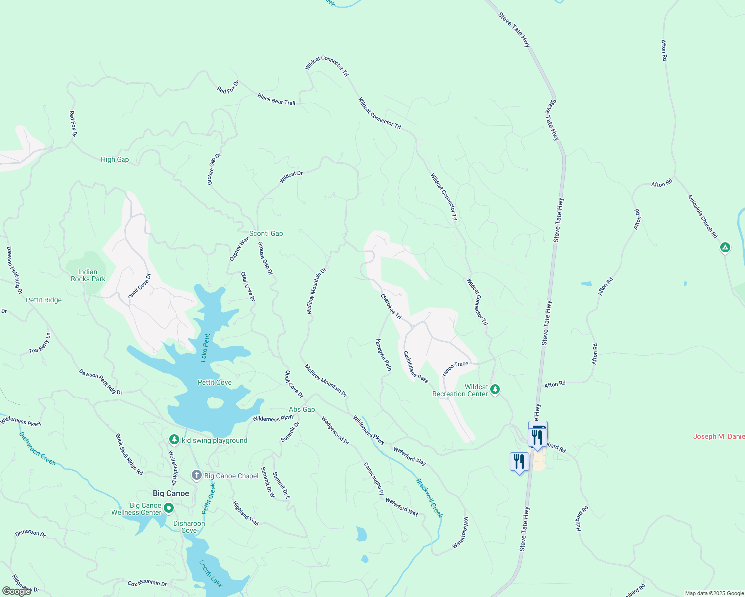 map of restaurants, bars, coffee shops, grocery stores, and more near 725 Cherokee Trail in Jasper
