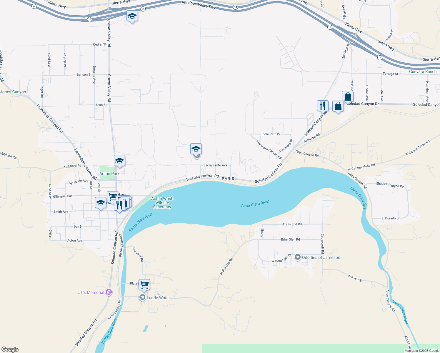 map of restaurants, bars, coffee shops, grocery stores, and more near 2825 Soledad Canyon Road in Acton