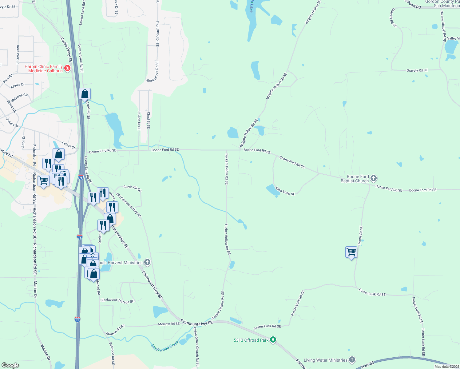 map of restaurants, bars, coffee shops, grocery stores, and more near 240 Tucker Hollow Road Southeast in Calhoun