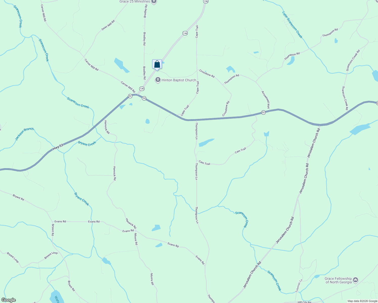 map of restaurants, bars, coffee shops, grocery stores, and more near 185 Thompson Lane in Jasper