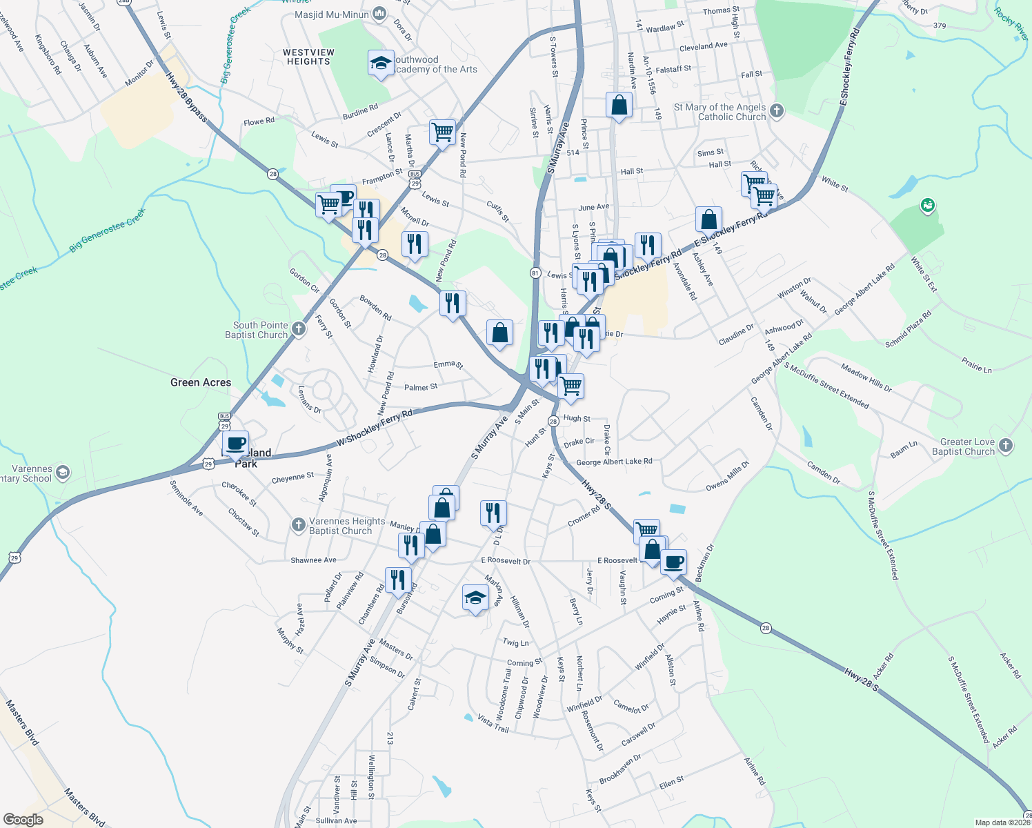 map of restaurants, bars, coffee shops, grocery stores, and more near 3014 South Main Street in Anderson