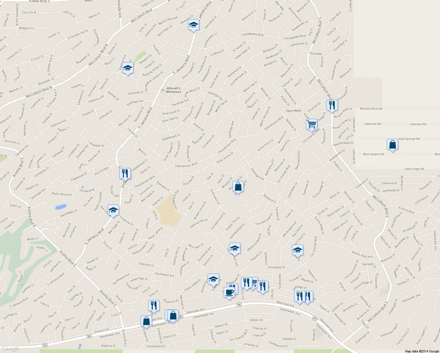 map of restaurants, bars, coffee shops, grocery stores, and more near 3335 Yaqui Dr in Lake Havasu City