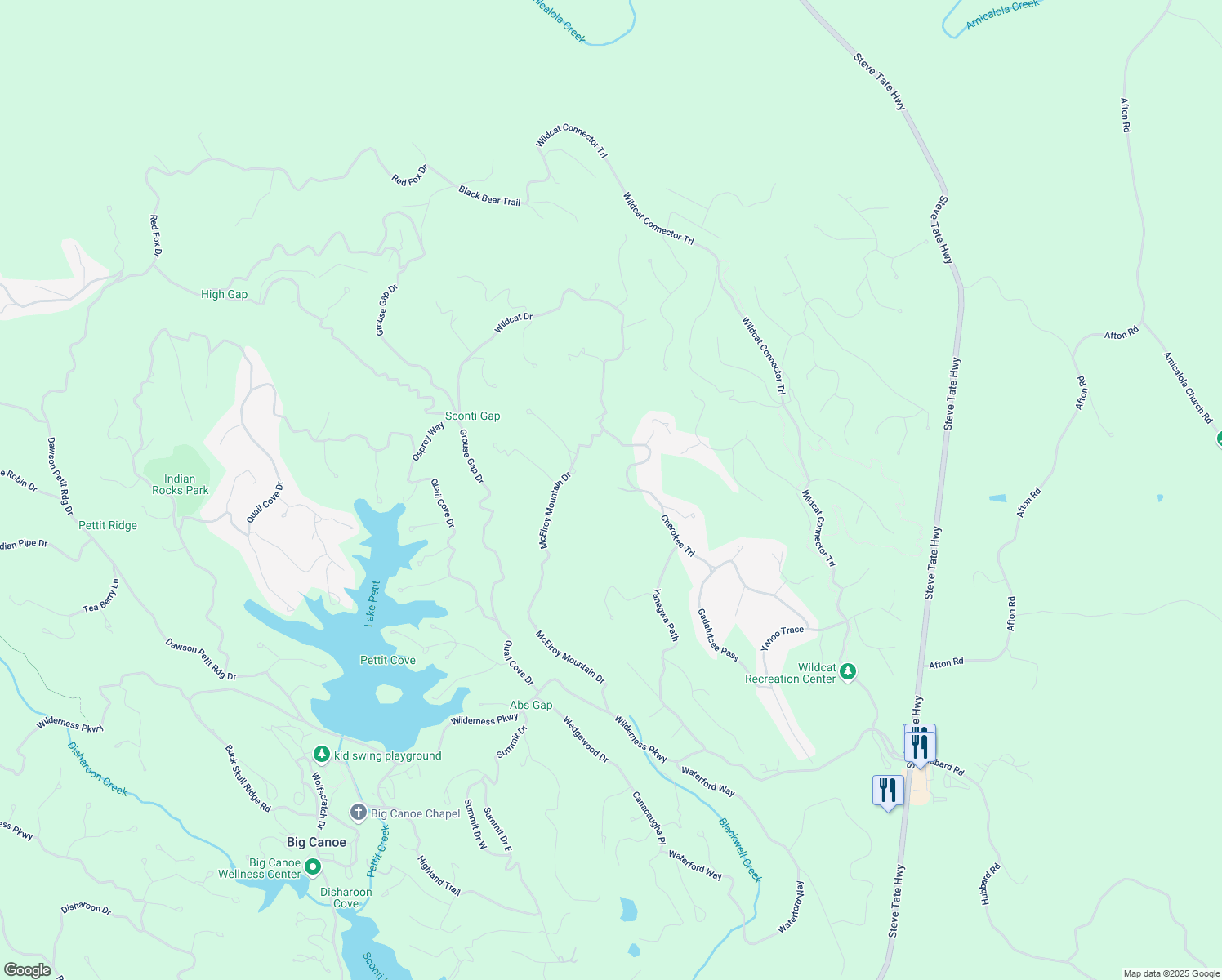 map of restaurants, bars, coffee shops, grocery stores, and more near 853 Cherokee Trail in Jasper