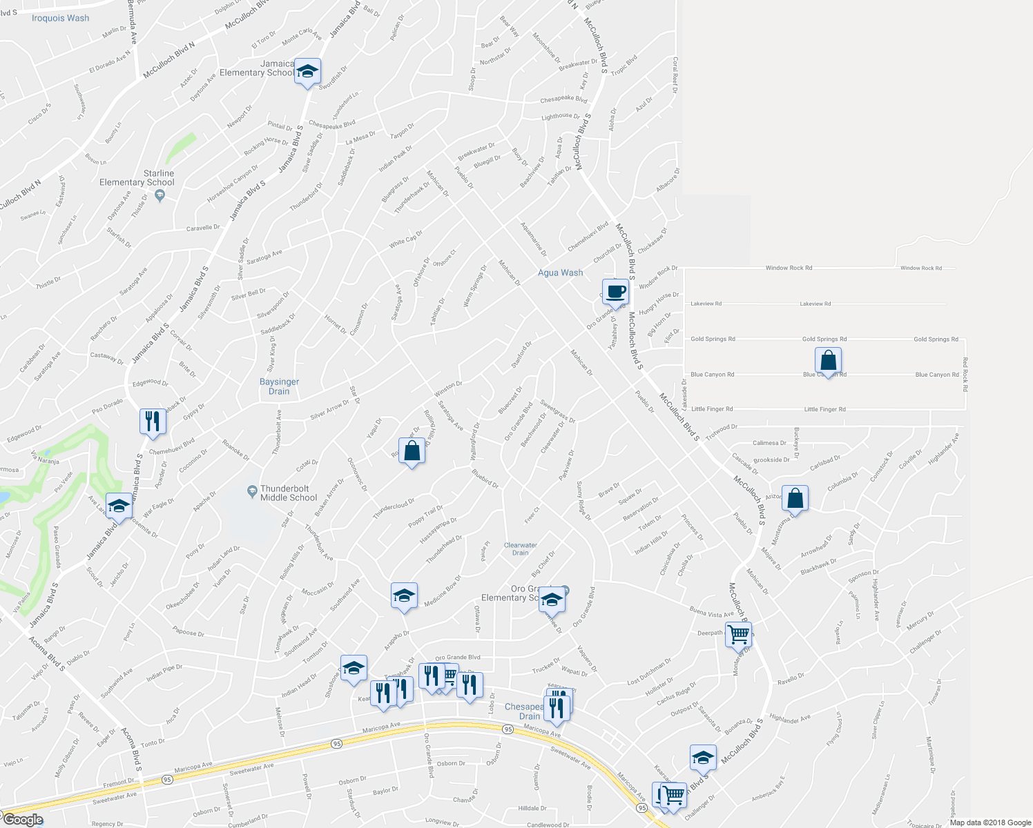 map of restaurants, bars, coffee shops, grocery stores, and more near 3585 Oro Grande Boulevard in Lake Havasu City