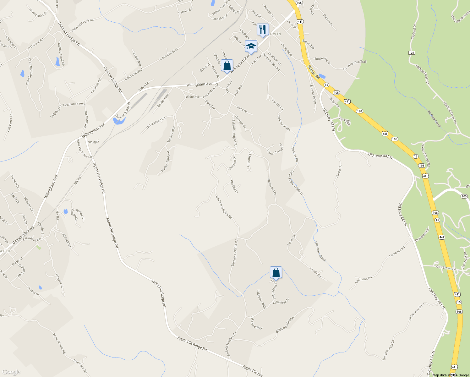 map of restaurants, bars, coffee shops, grocery stores, and more near 102 Myrtle Place in Baldwin