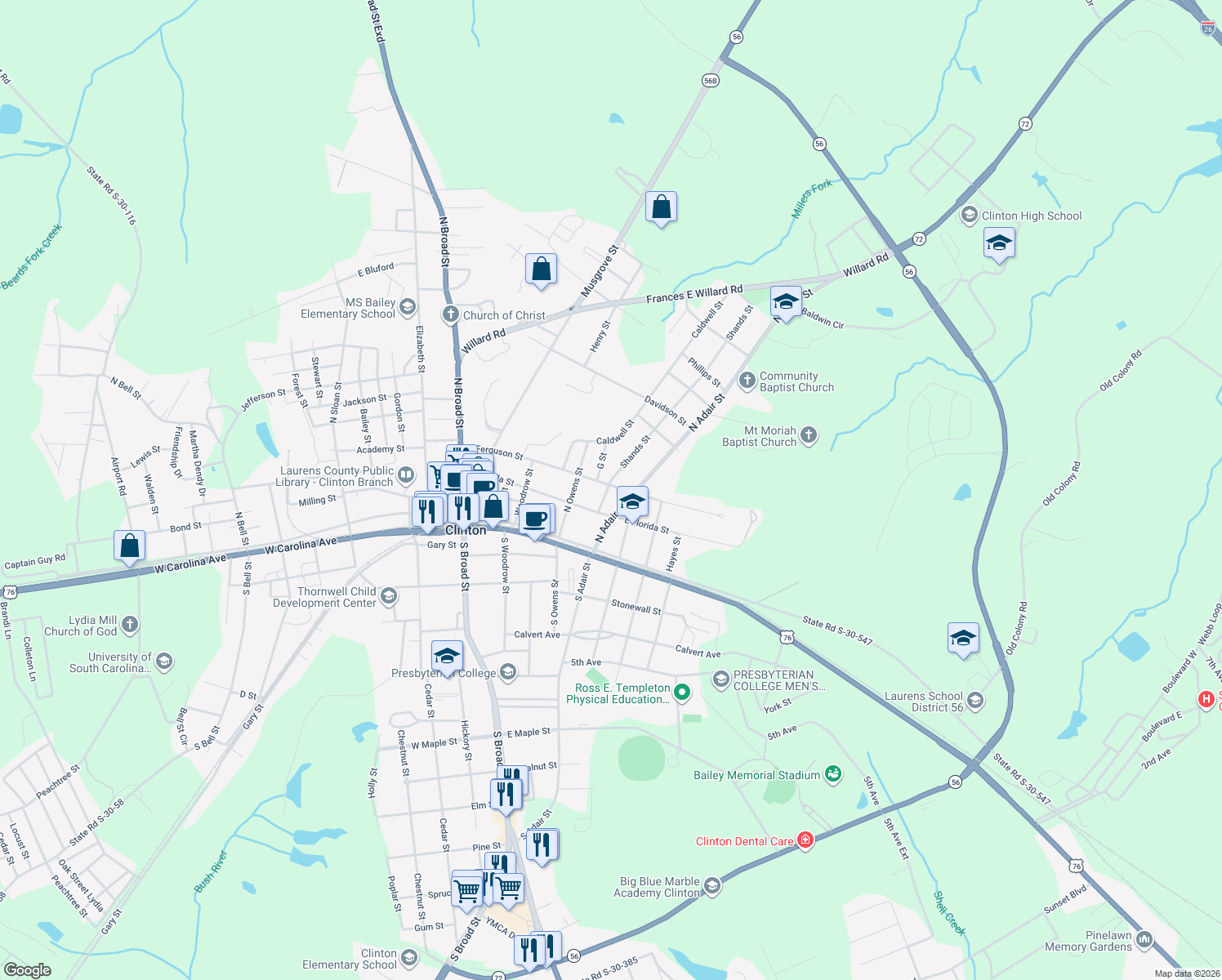 map of restaurants, bars, coffee shops, grocery stores, and more near 500 East Ferguson Street in Clinton