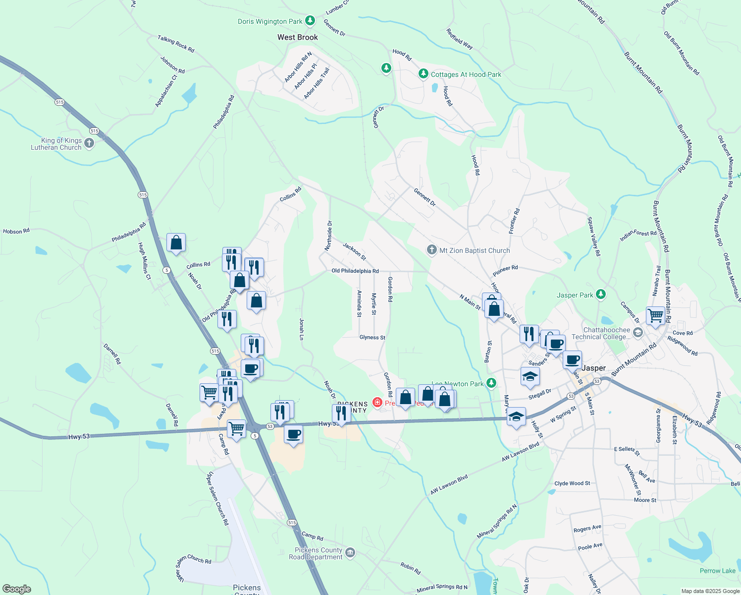 map of restaurants, bars, coffee shops, grocery stores, and more near 191 Myrtle St in Jasper