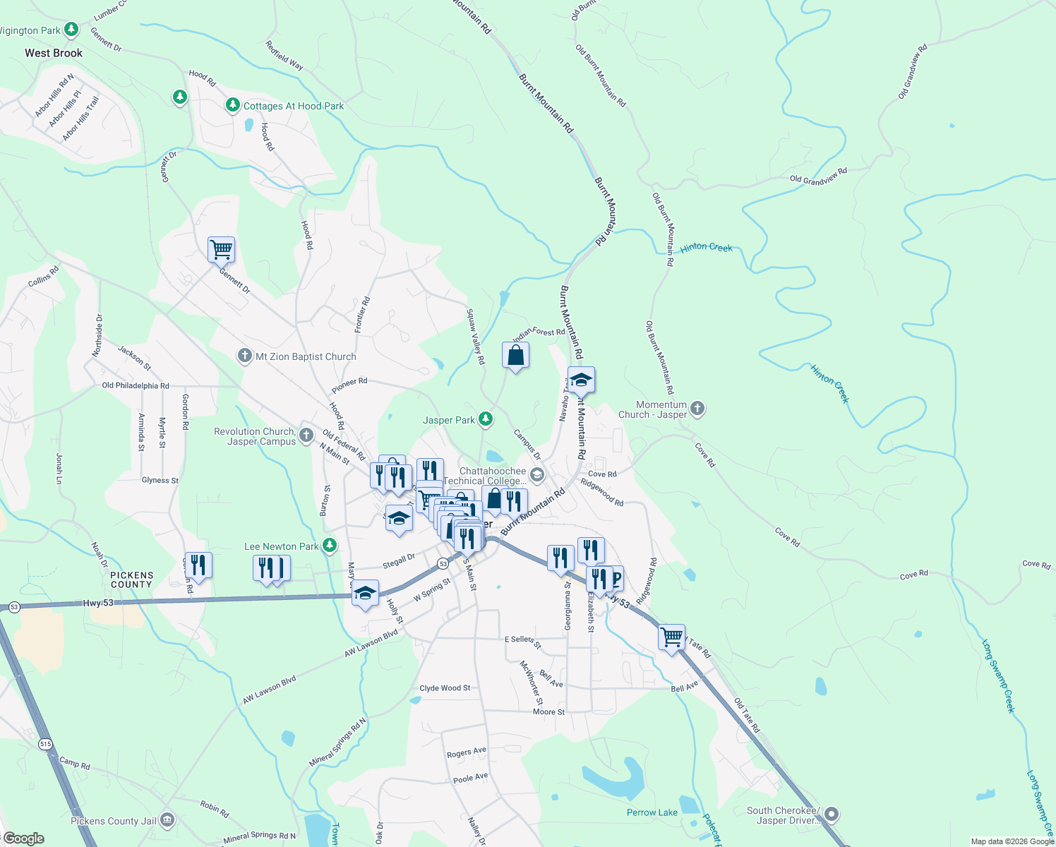 map of restaurants, bars, coffee shops, grocery stores, and more near 65 Apache Ridge Road in Jasper