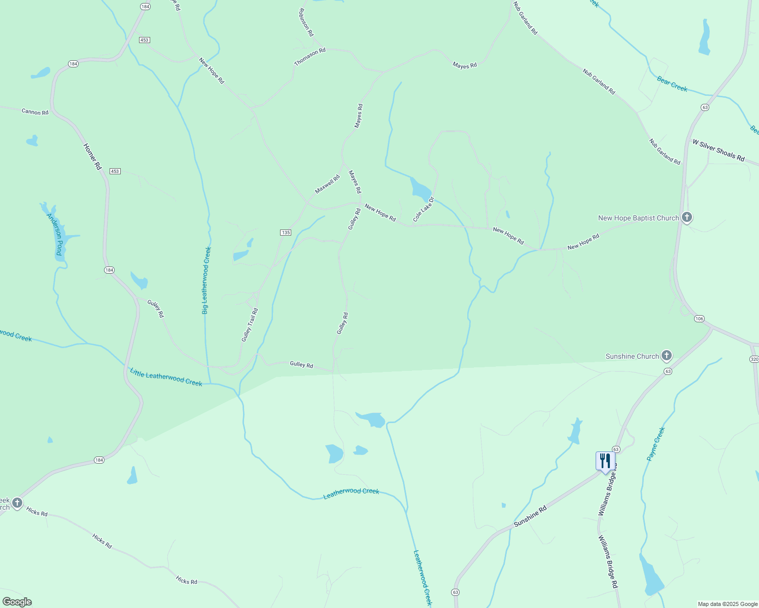 map of restaurants, bars, coffee shops, grocery stores, and more near 1580 Gulley Road in Toccoa
