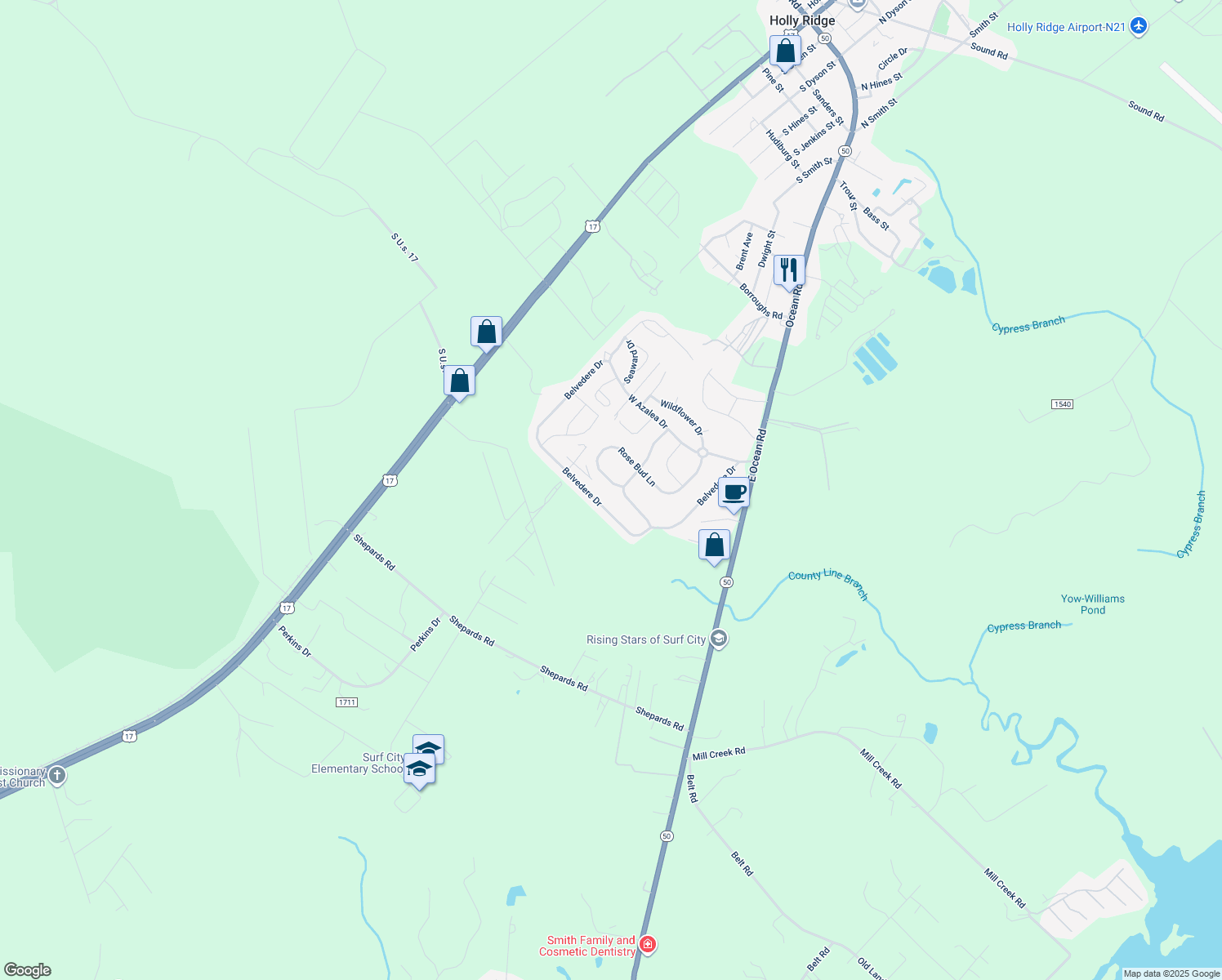 map of restaurants, bars, coffee shops, grocery stores, and more near 303 Rose Bud Lane in Holly Ridge