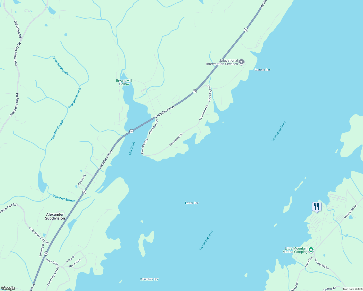 map of restaurants, bars, coffee shops, grocery stores, and more near 133 Pine Island Drive in Scottsboro