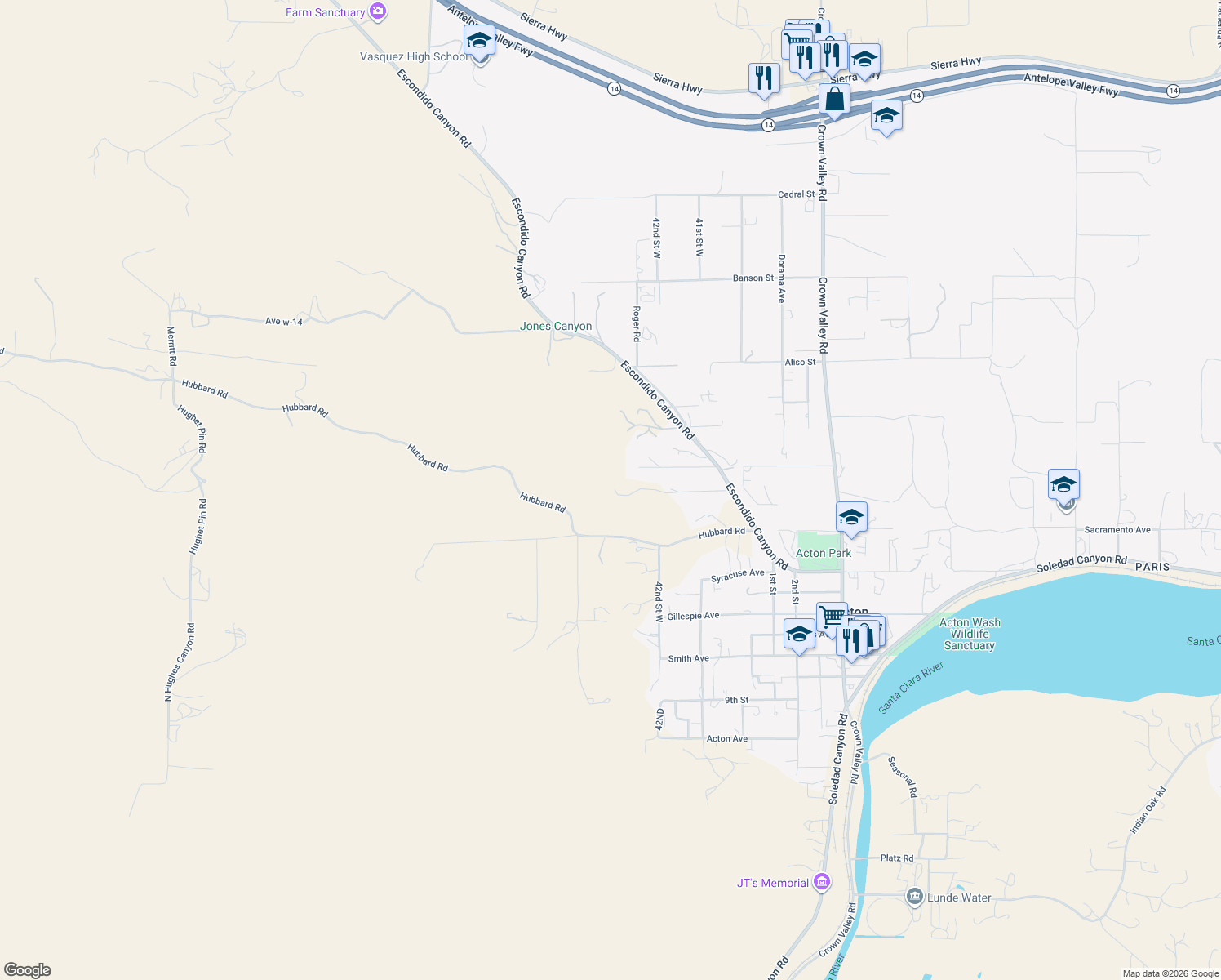 map of restaurants, bars, coffee shops, grocery stores, and more near 4092 Escondido Canyon Road in Acton