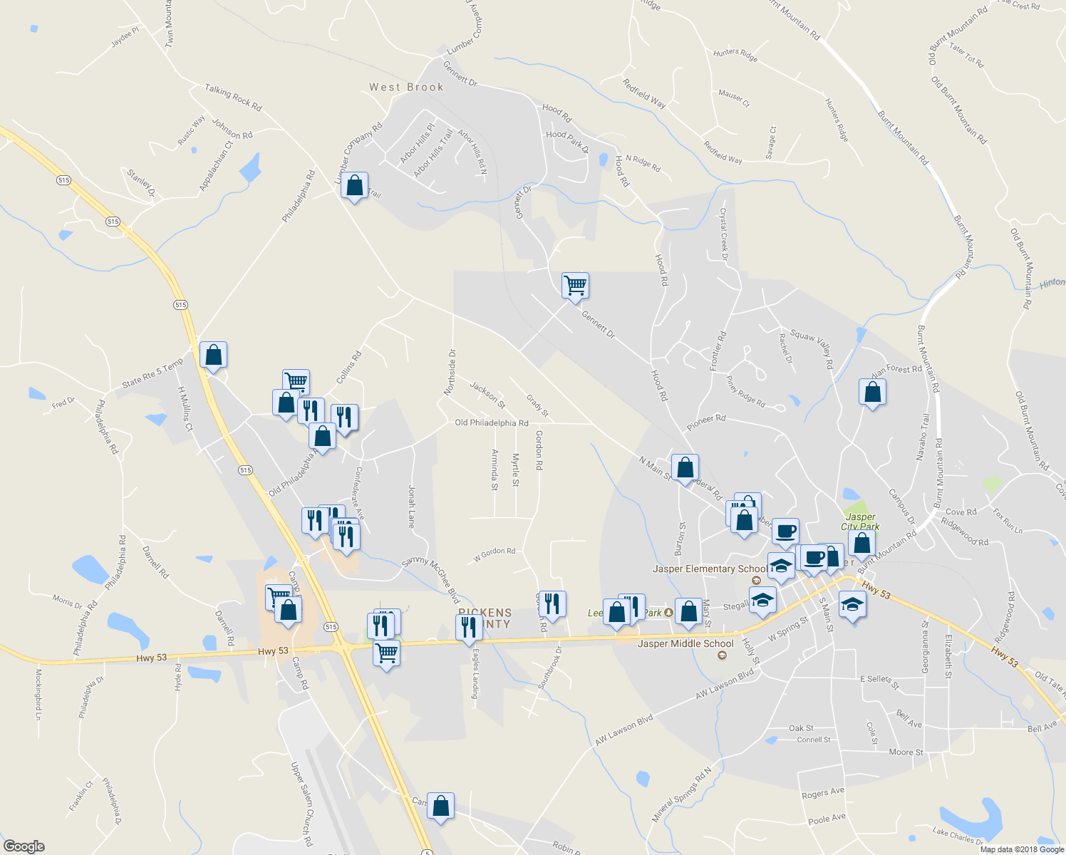 map of restaurants, bars, coffee shops, grocery stores, and more near 753 Gordon Road in Jasper
