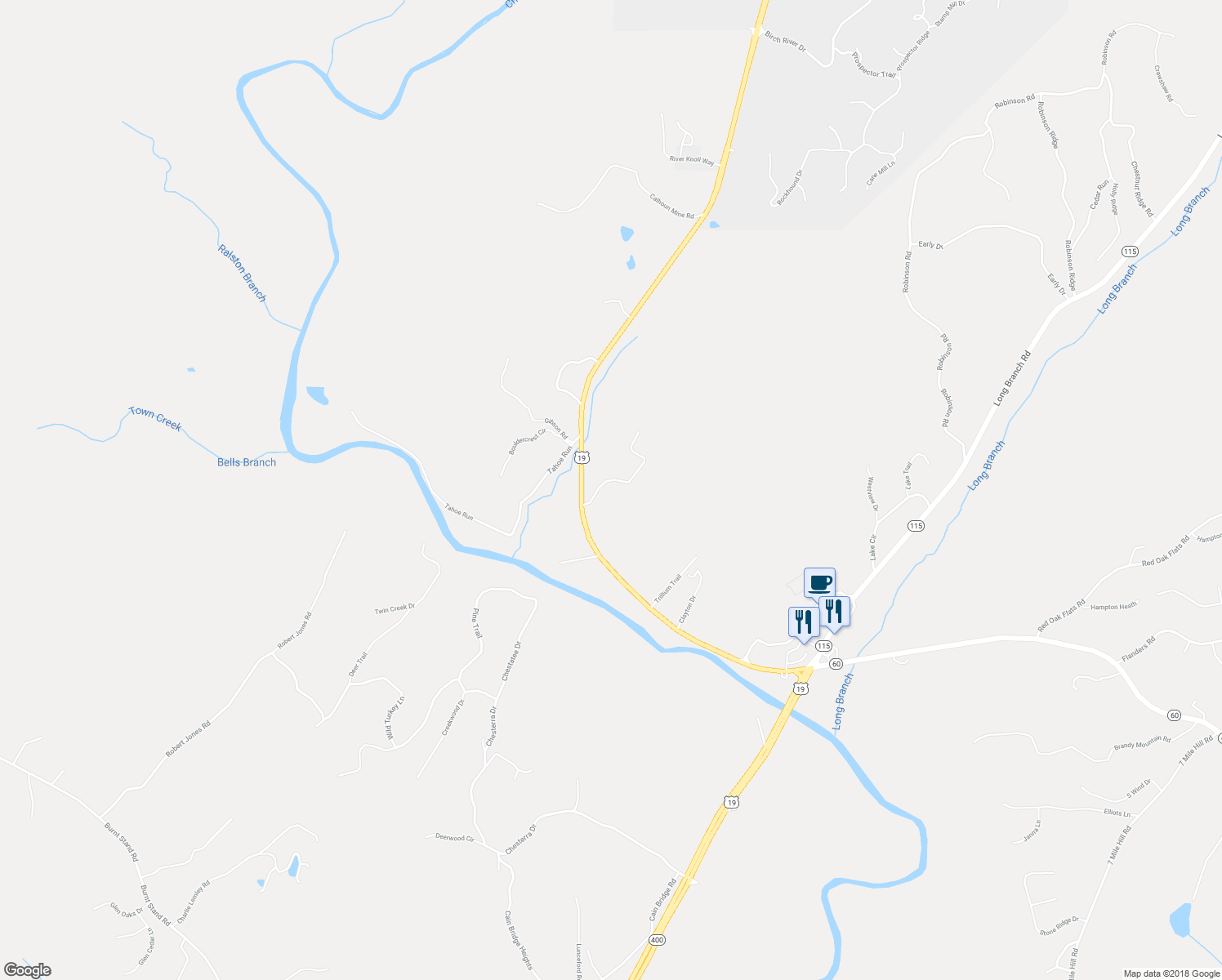 map of restaurants, bars, coffee shops, grocery stores, and more near 126 Chestatee Springs Road in Dahlonega