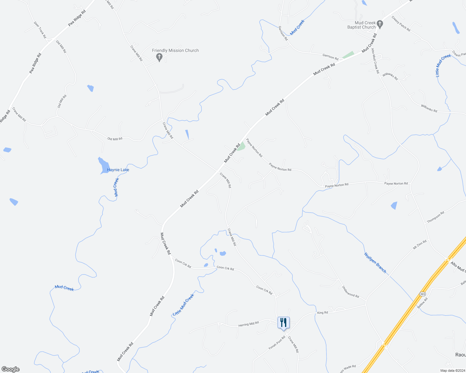 map of restaurants, bars, coffee shops, grocery stores, and more near 3104 Crane Mill Road in Alto
