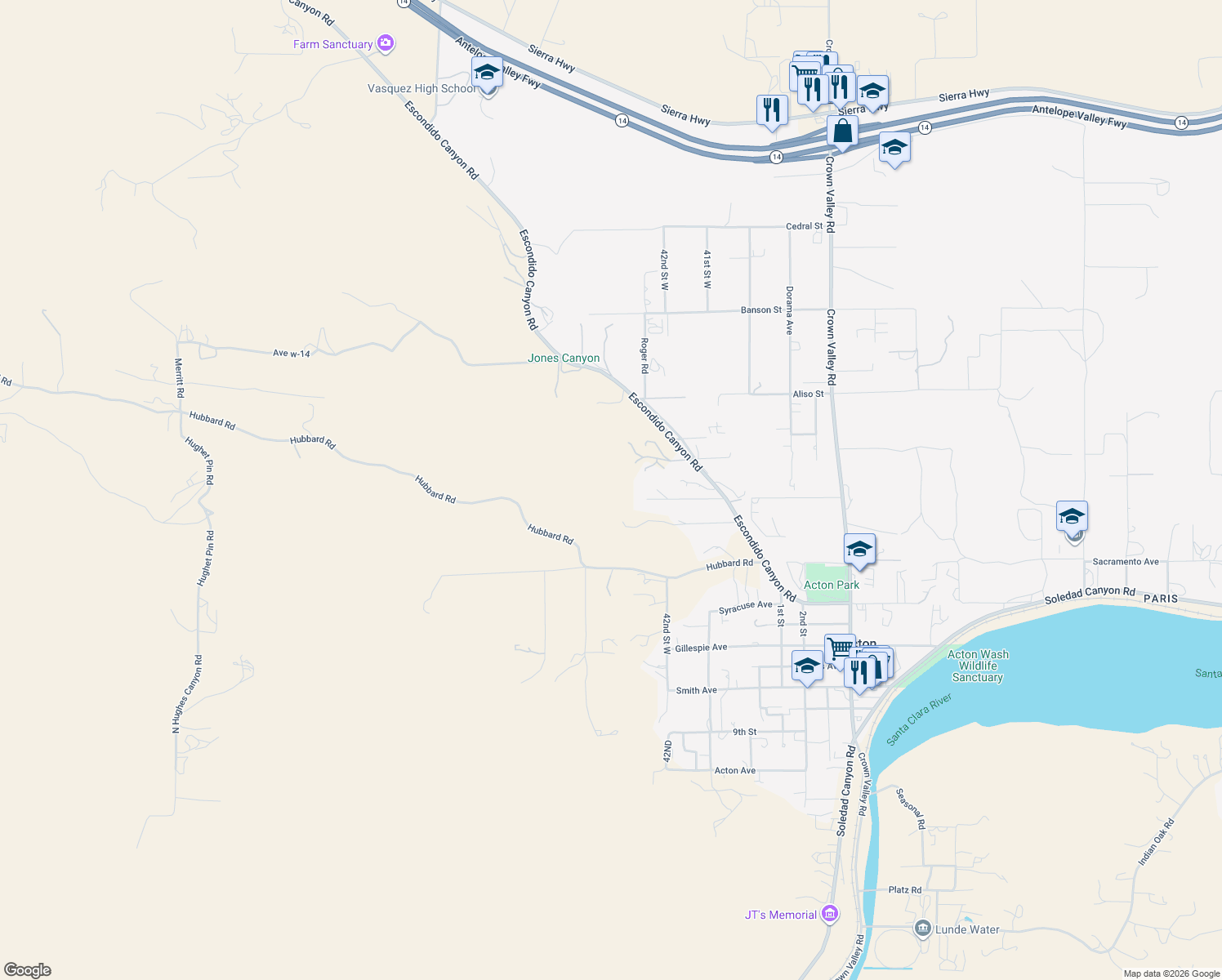 map of restaurants, bars, coffee shops, grocery stores, and more near 4092 Escondido Canyon Road in Acton