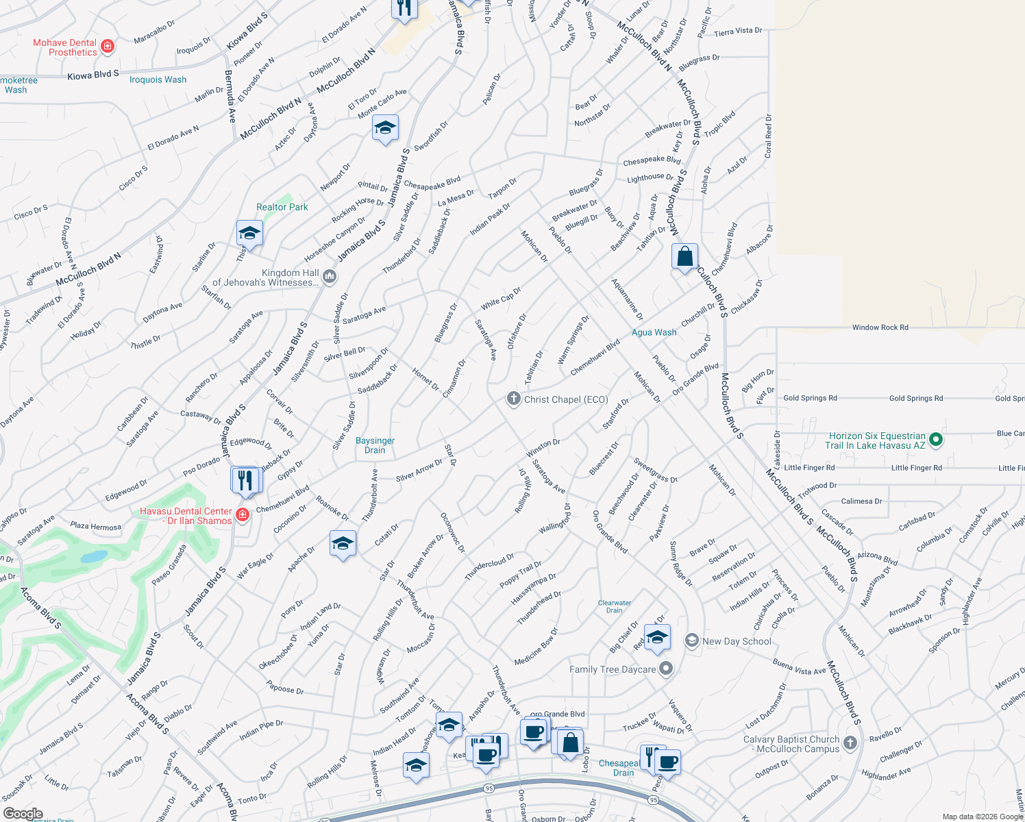 map of restaurants, bars, coffee shops, grocery stores, and more near 3450 Chemehuevi Boulevard in Lake Havasu City