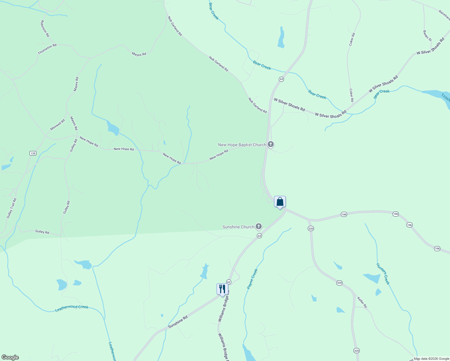 map of restaurants, bars, coffee shops, grocery stores, and more near 501 New Hope Road in Toccoa