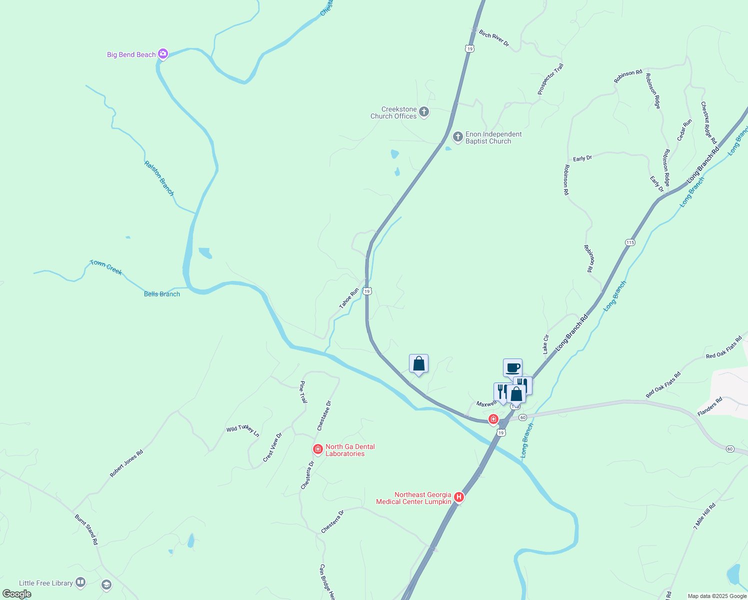 map of restaurants, bars, coffee shops, grocery stores, and more near 29 Chestatee Springs Road in Dahlonega