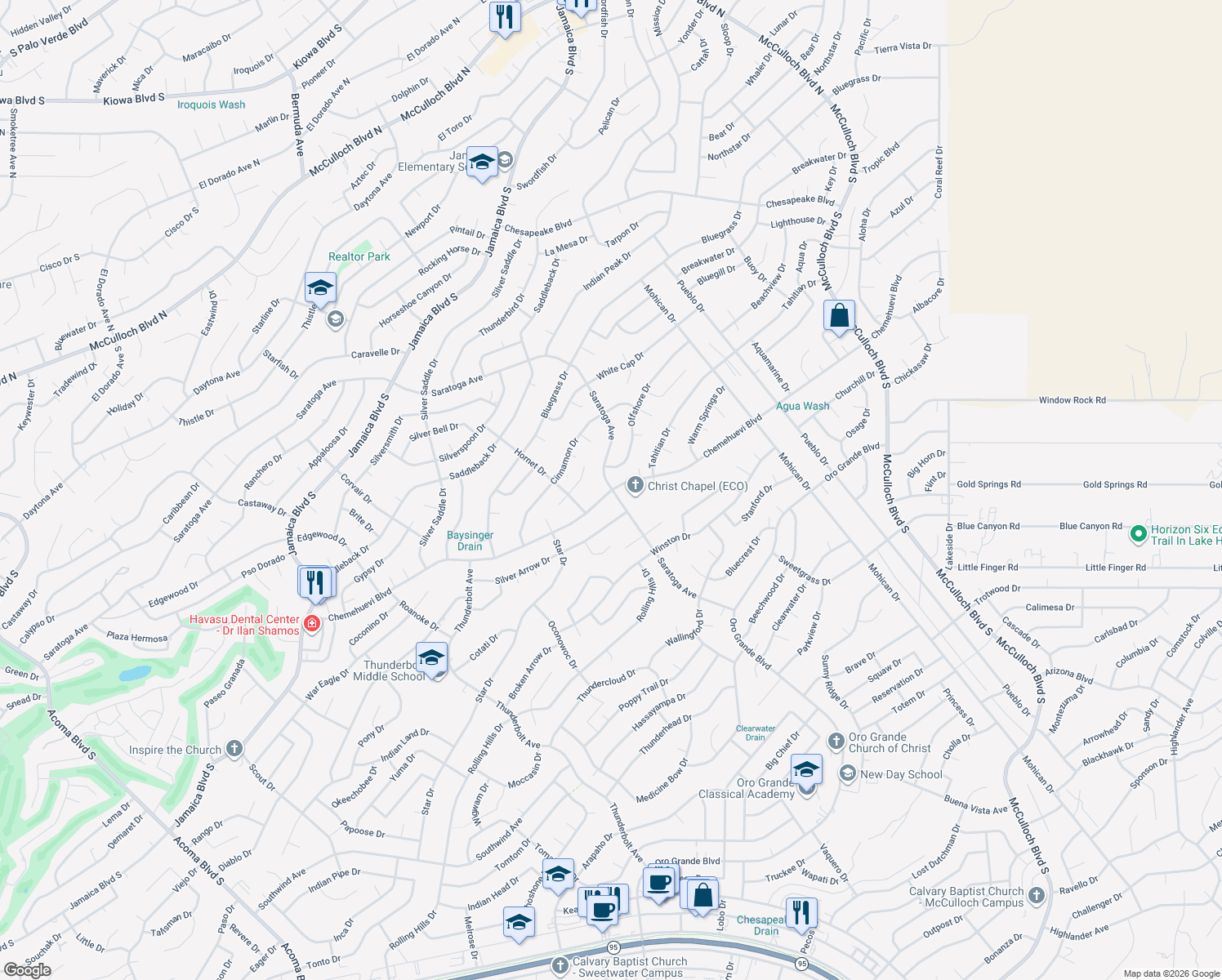 map of restaurants, bars, coffee shops, grocery stores, and more near 3613 Saratoga Ave in Lake Havasu City