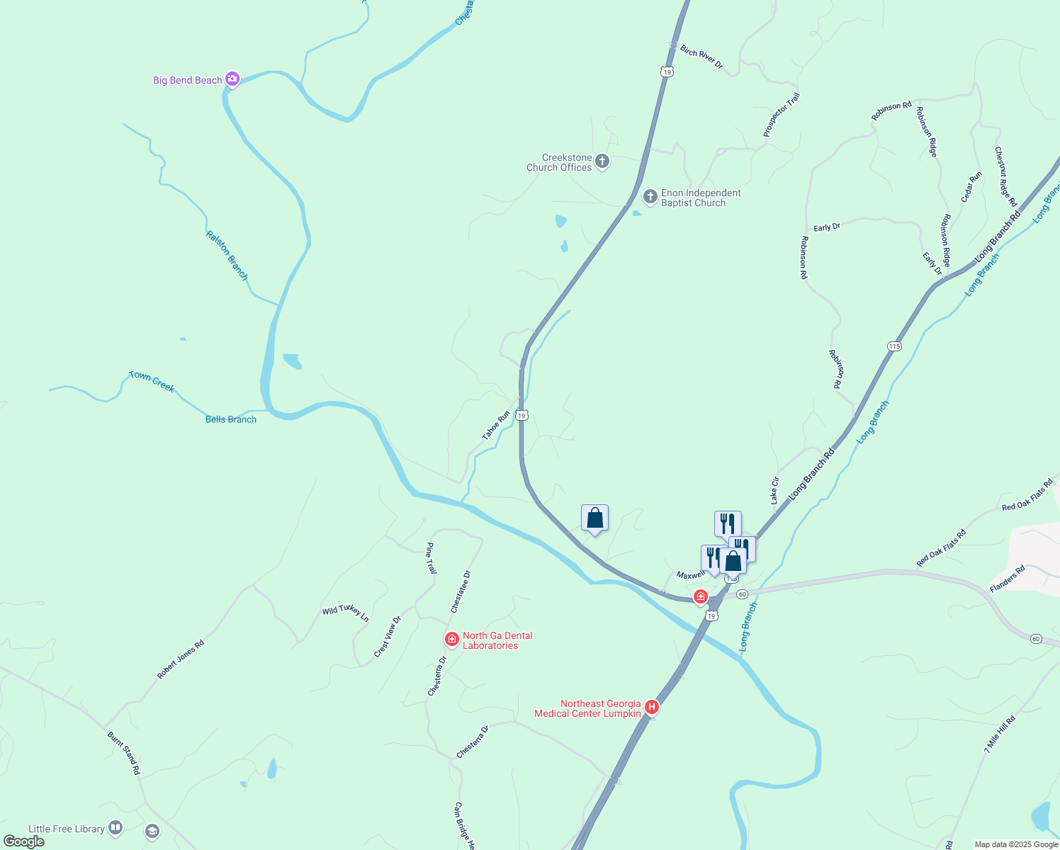 map of restaurants, bars, coffee shops, grocery stores, and more near 29 Chestatee Springs Road in Dahlonega